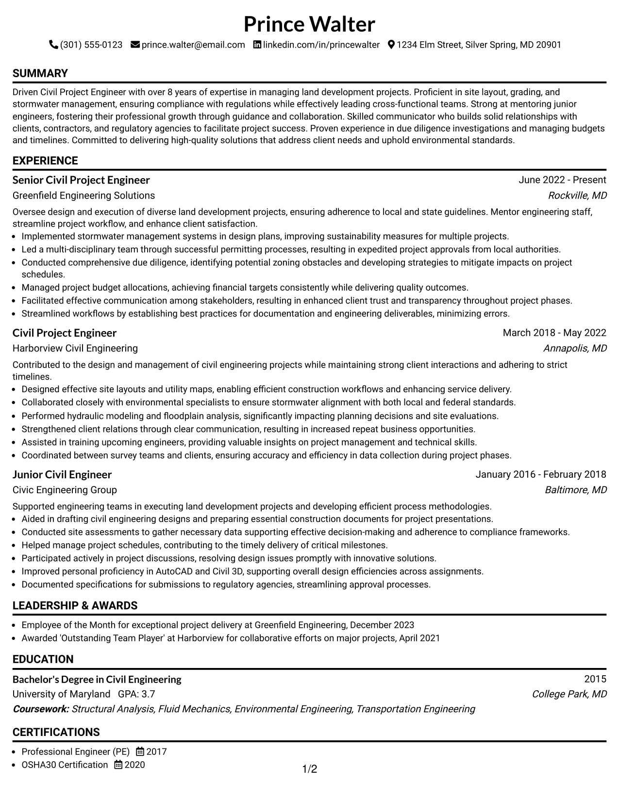 Resume Example Page 1