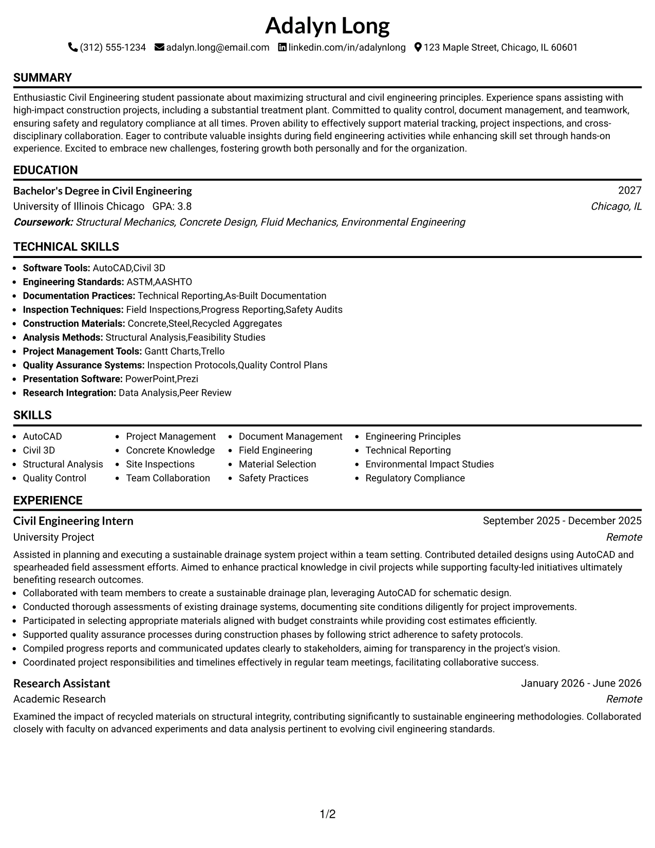 Resume Example Page 1