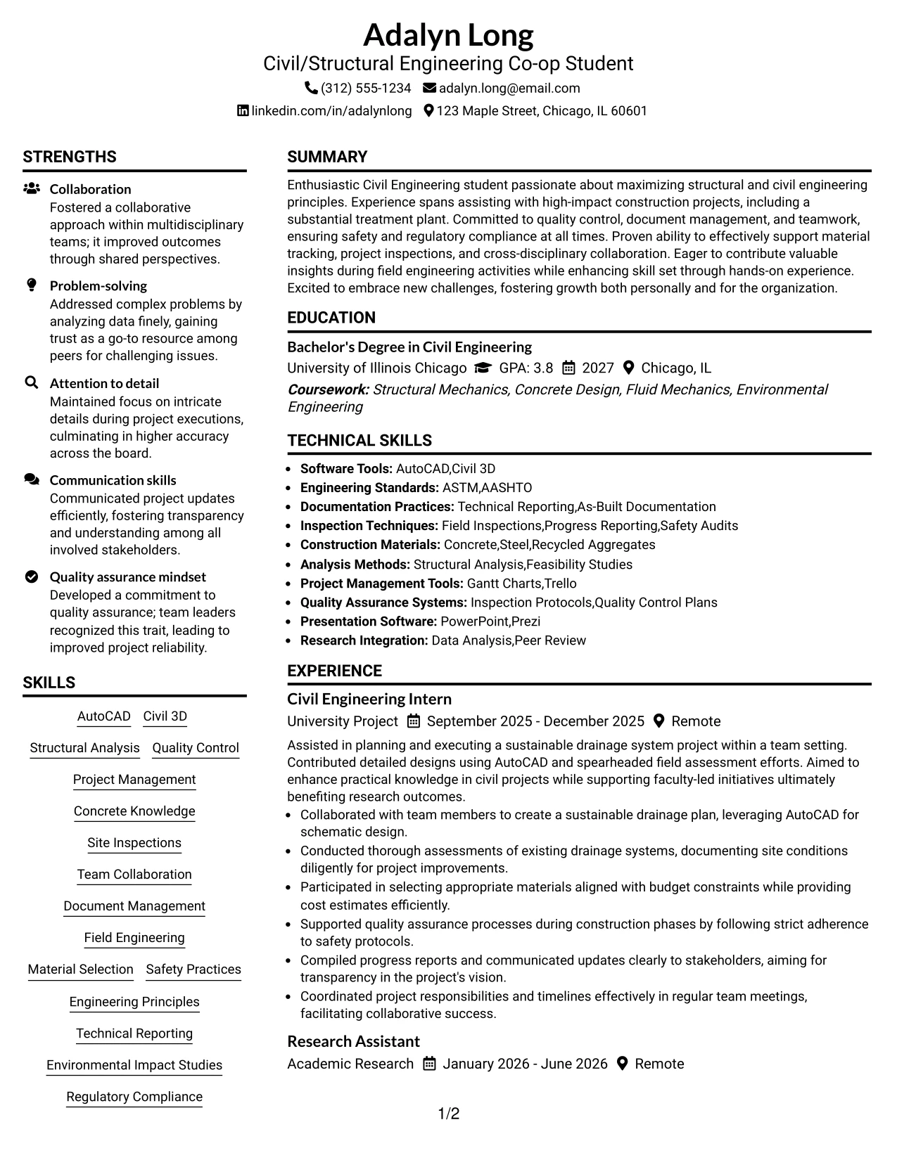 Resume Example Page 1