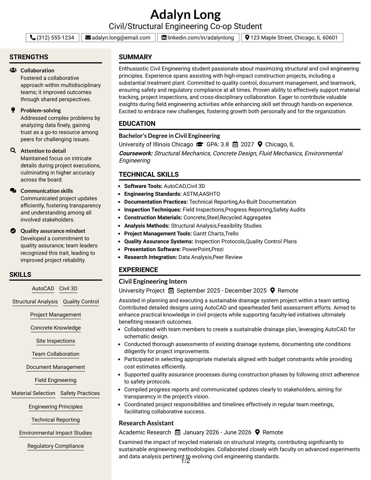 Resume Example Page 1