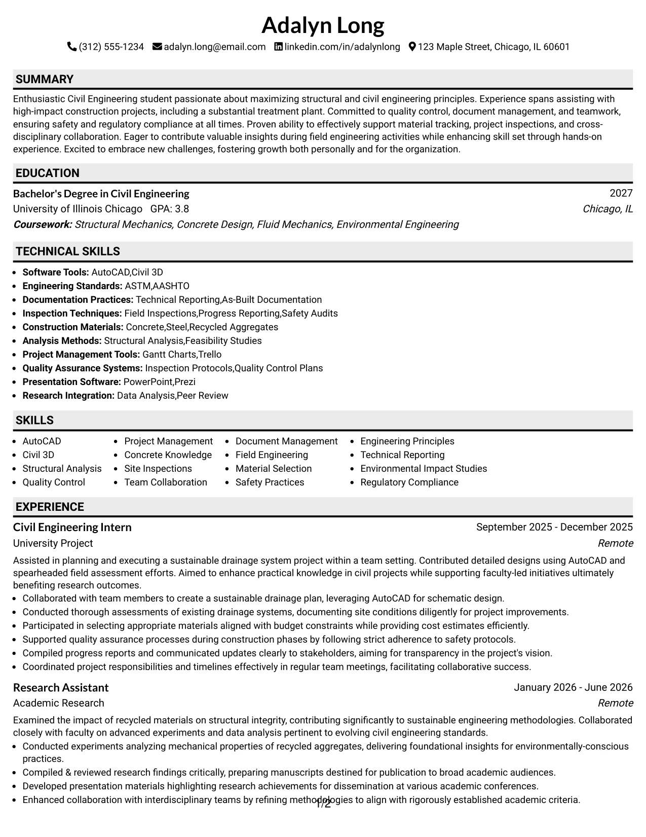 Resume Example Page 1