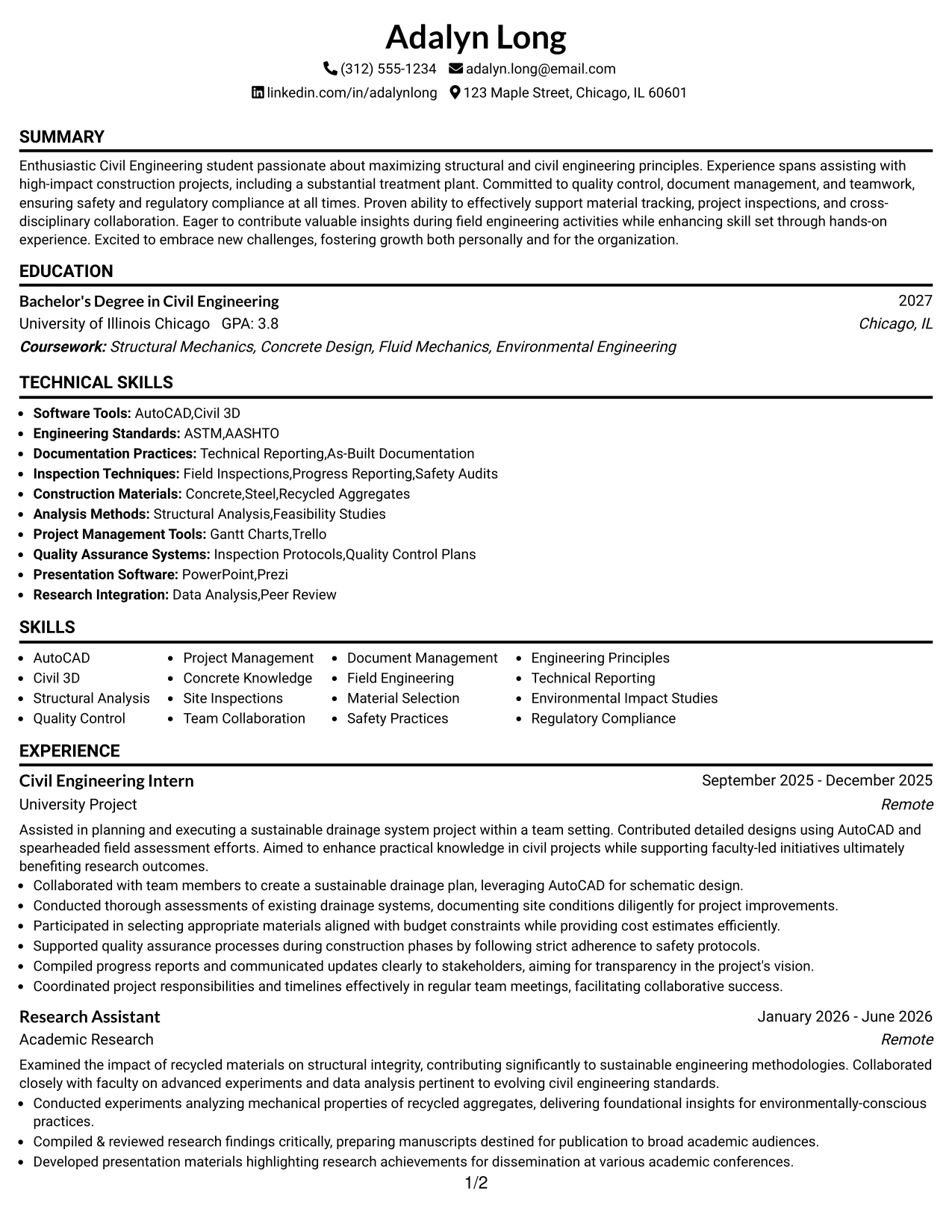 Resume Example Page 1