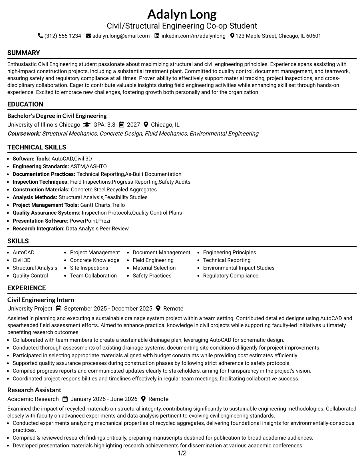 Resume Example Page 1