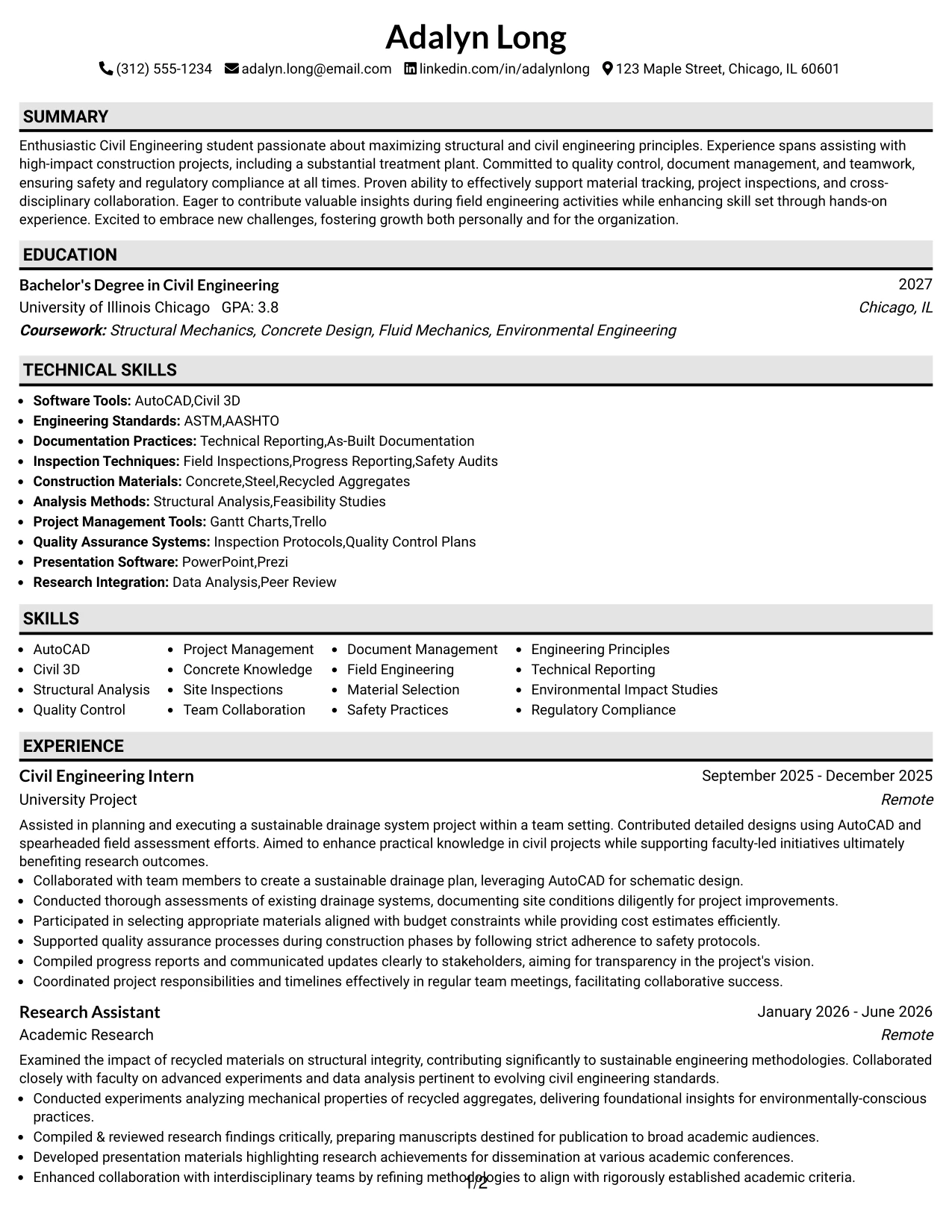 Resume Example Page 1