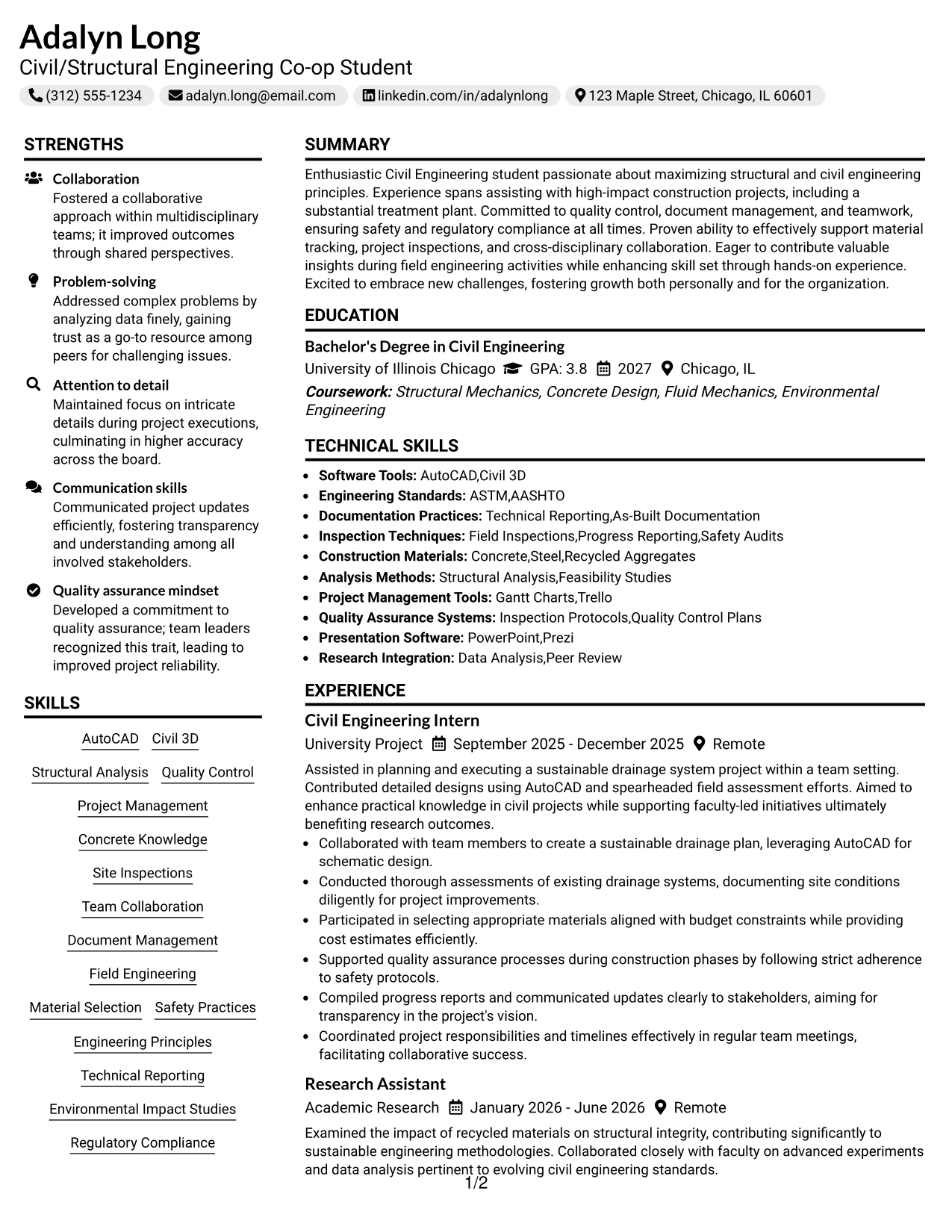 Resume Example Page 1