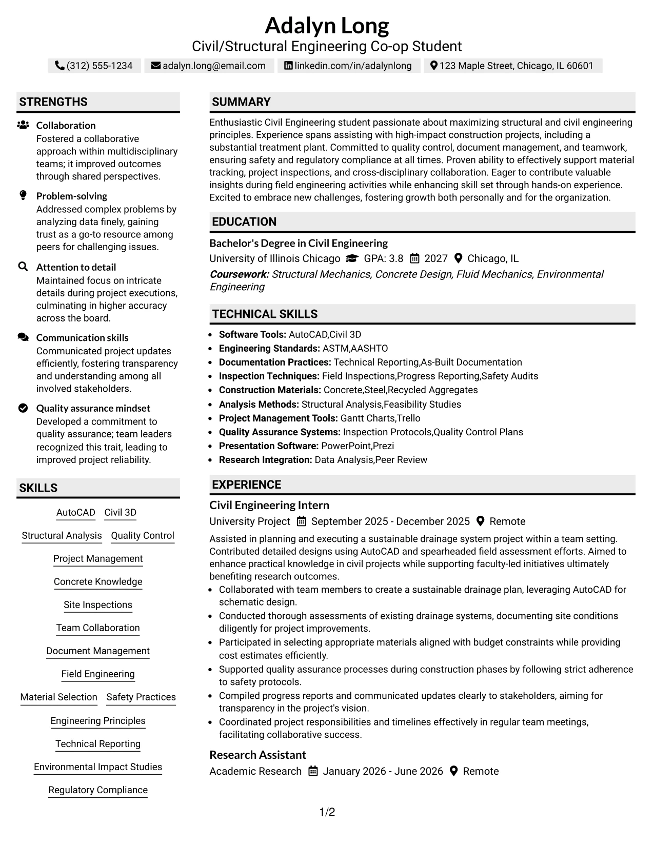 Resume Example Page 1