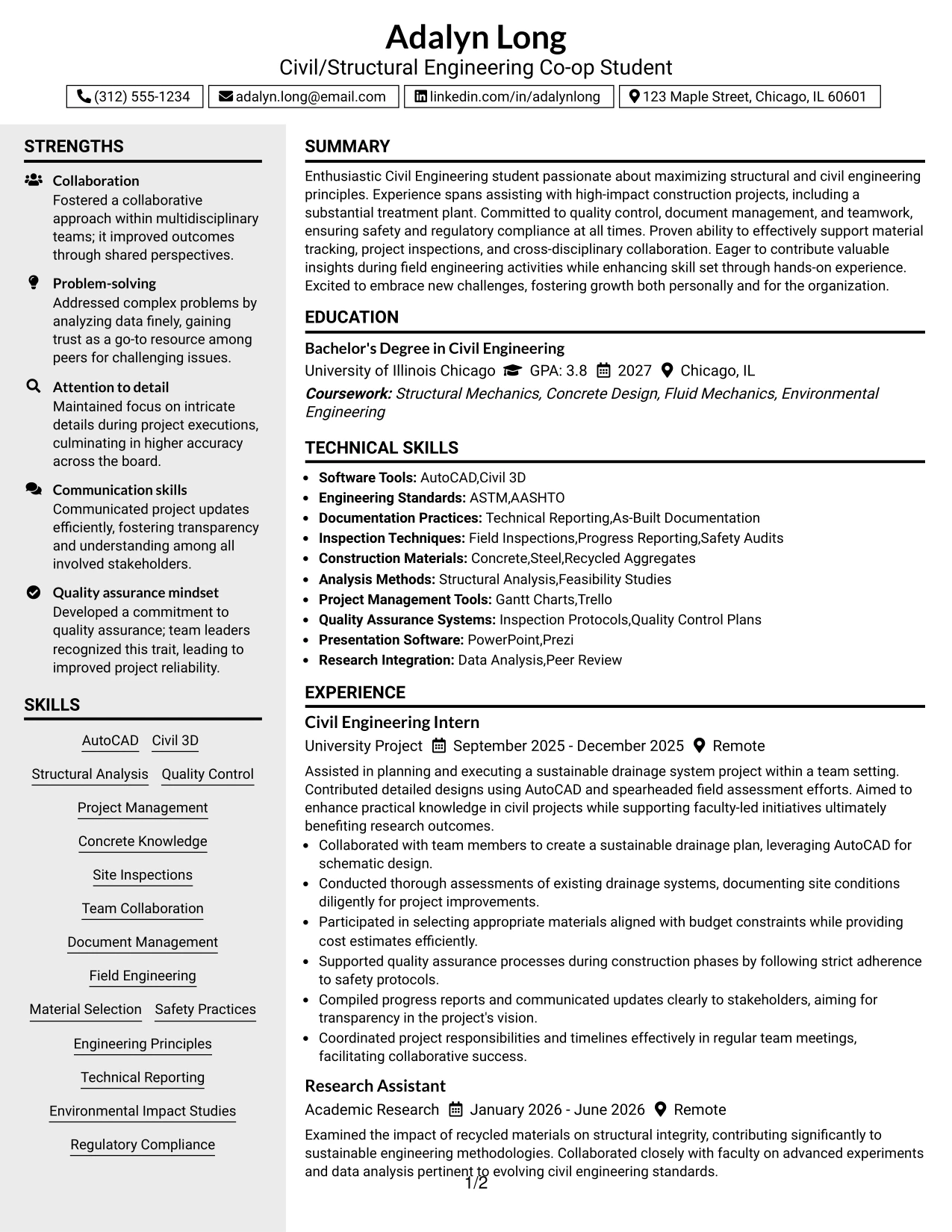 Resume Example Page 1
