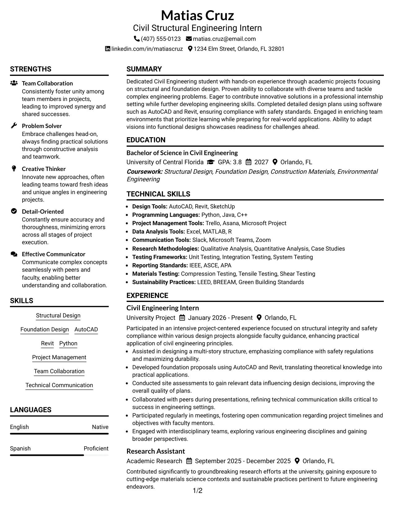 Resume Example Page 1