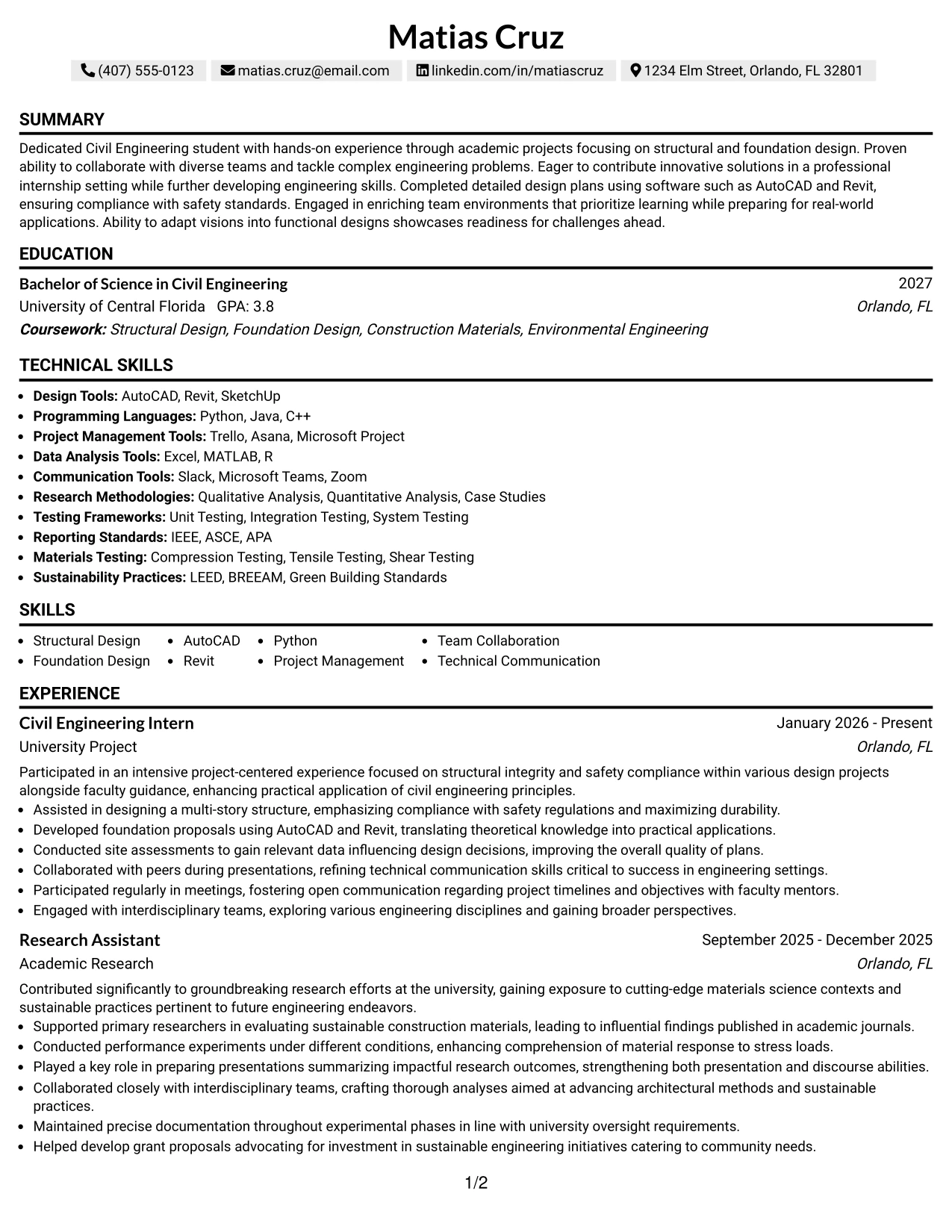 Resume Example Page 1