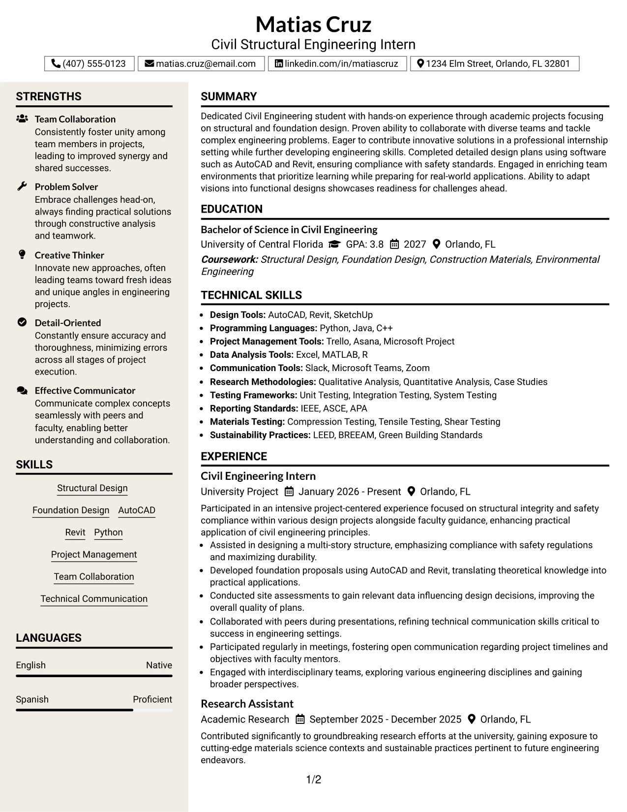 Resume Example Page 1