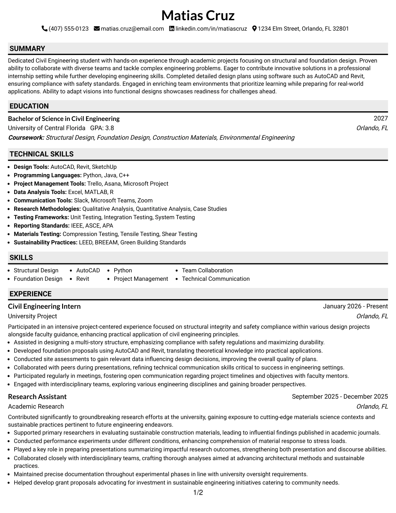 Resume Example Page 1