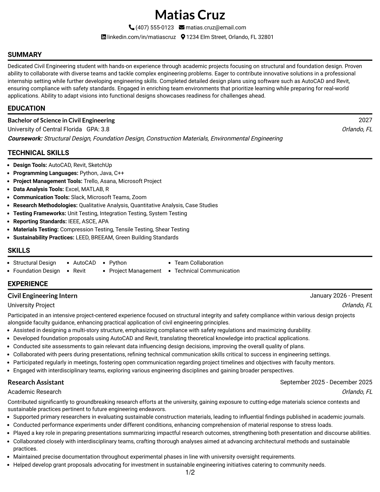 Resume Example Page 1