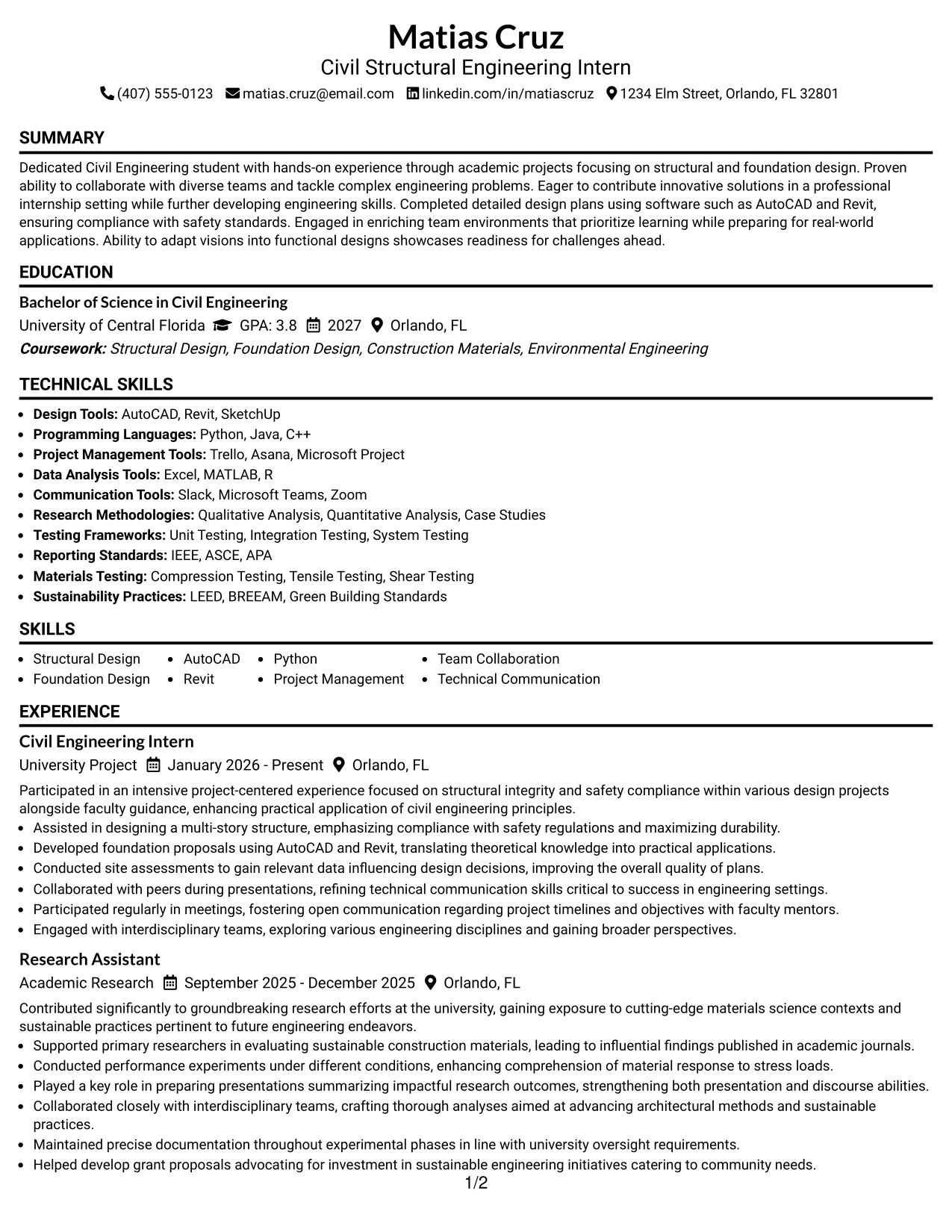Resume Example Page 1