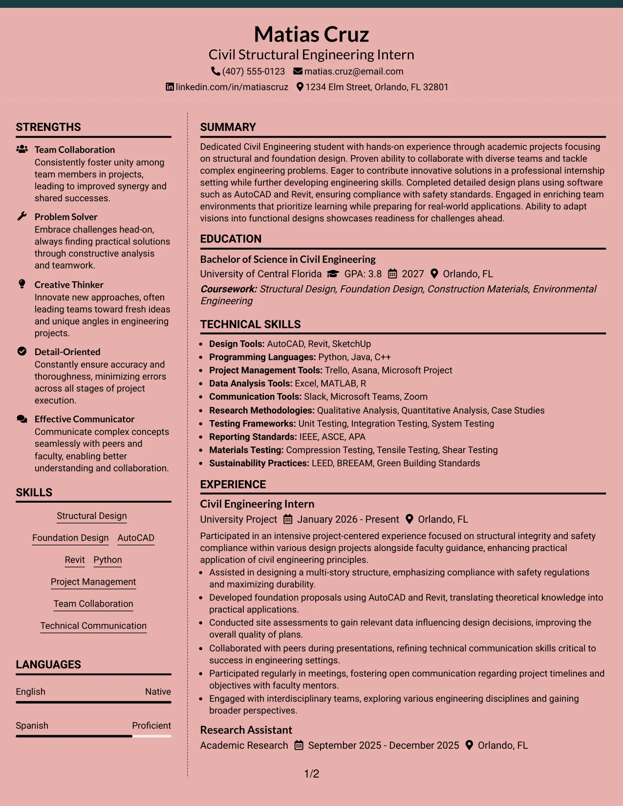 Resume Example Page 1