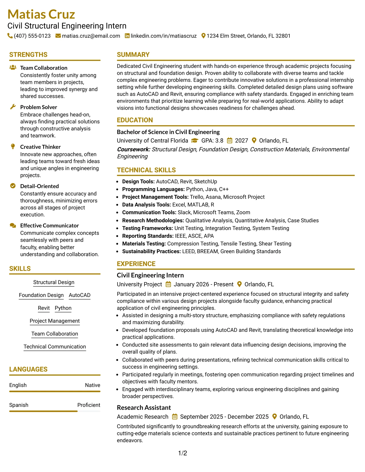 Resume Example Page 1