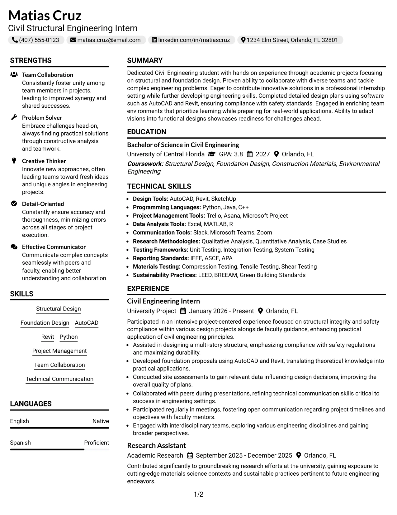 Resume Example Page 1