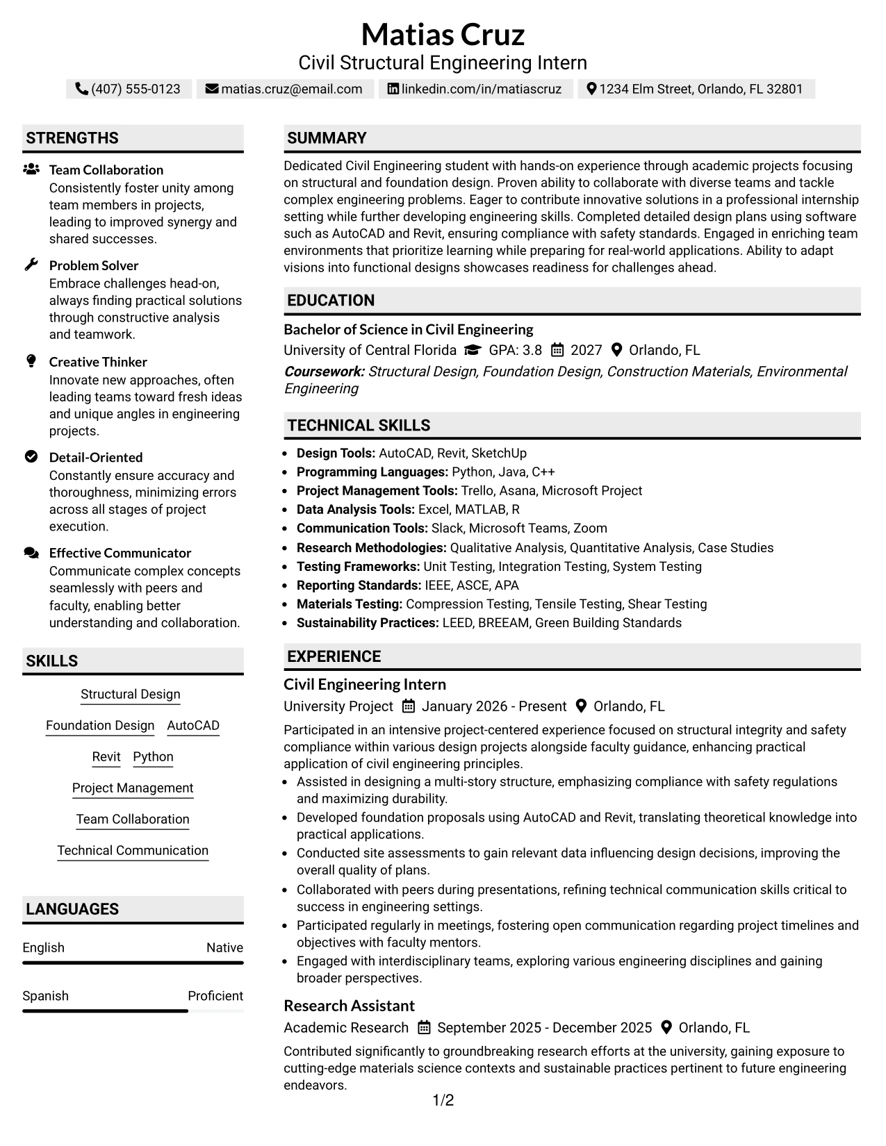 Resume Example Page 1