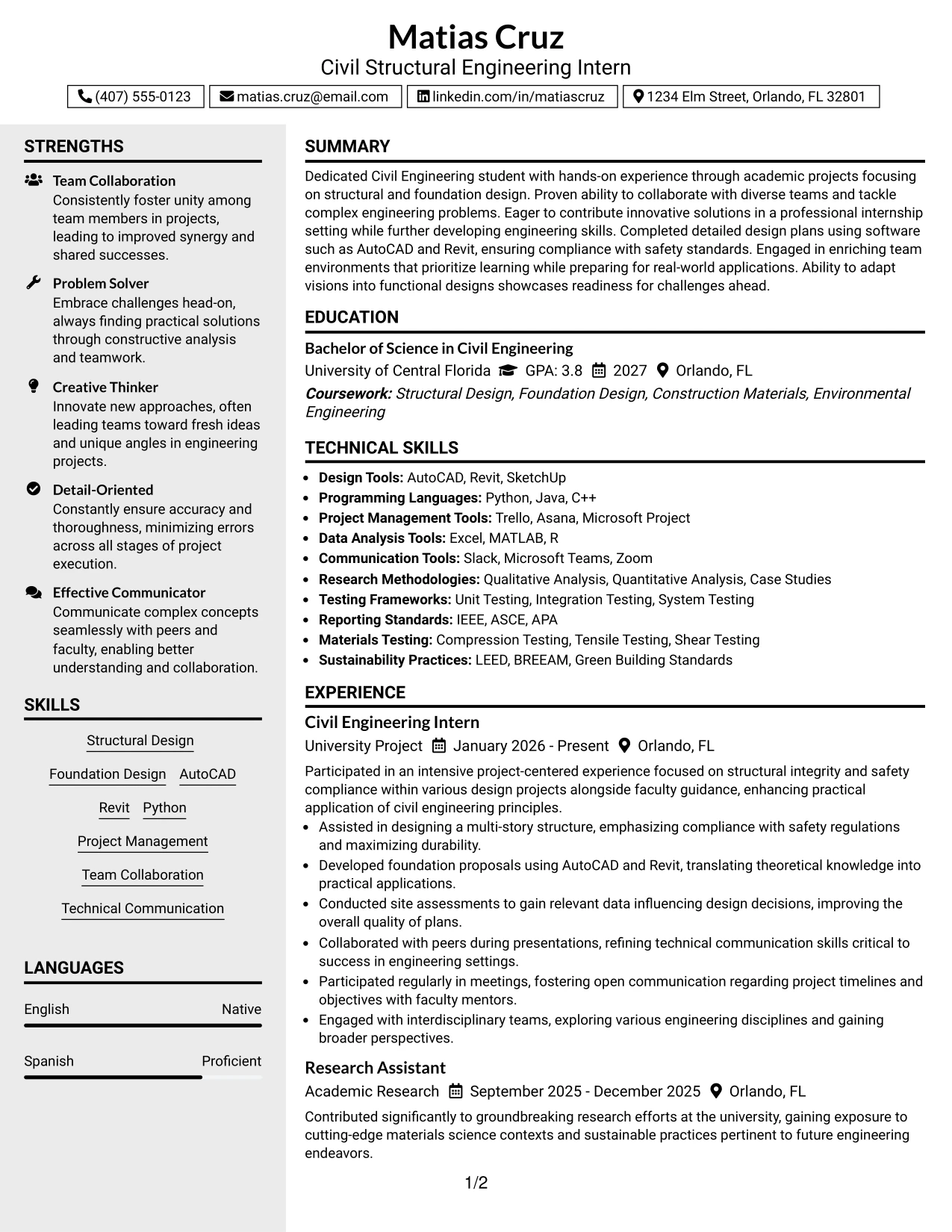 Resume Example Page 1