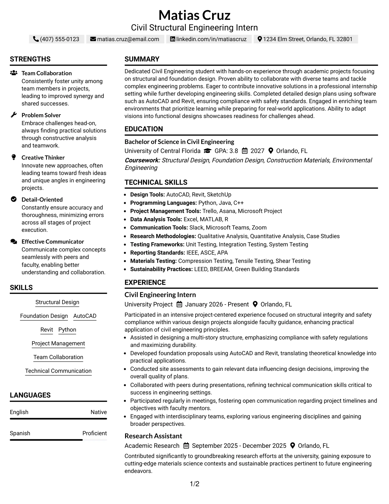 Resume Example Page 1