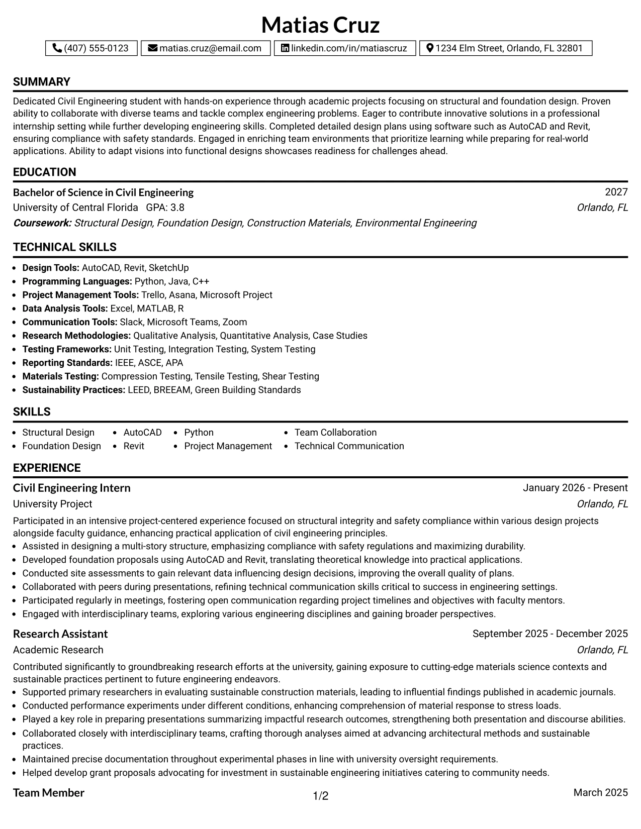 Resume Example Page 1