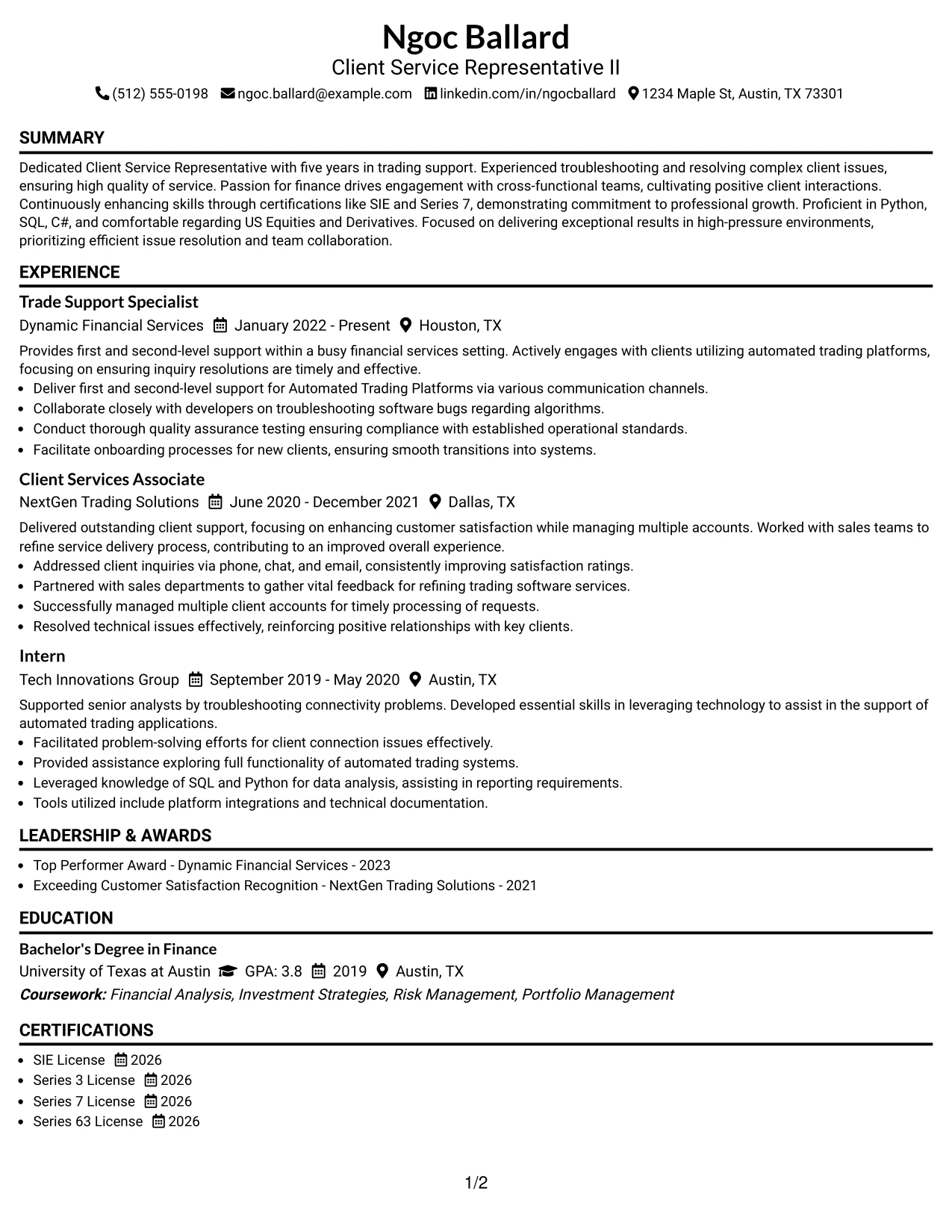 Resume Example Page 1