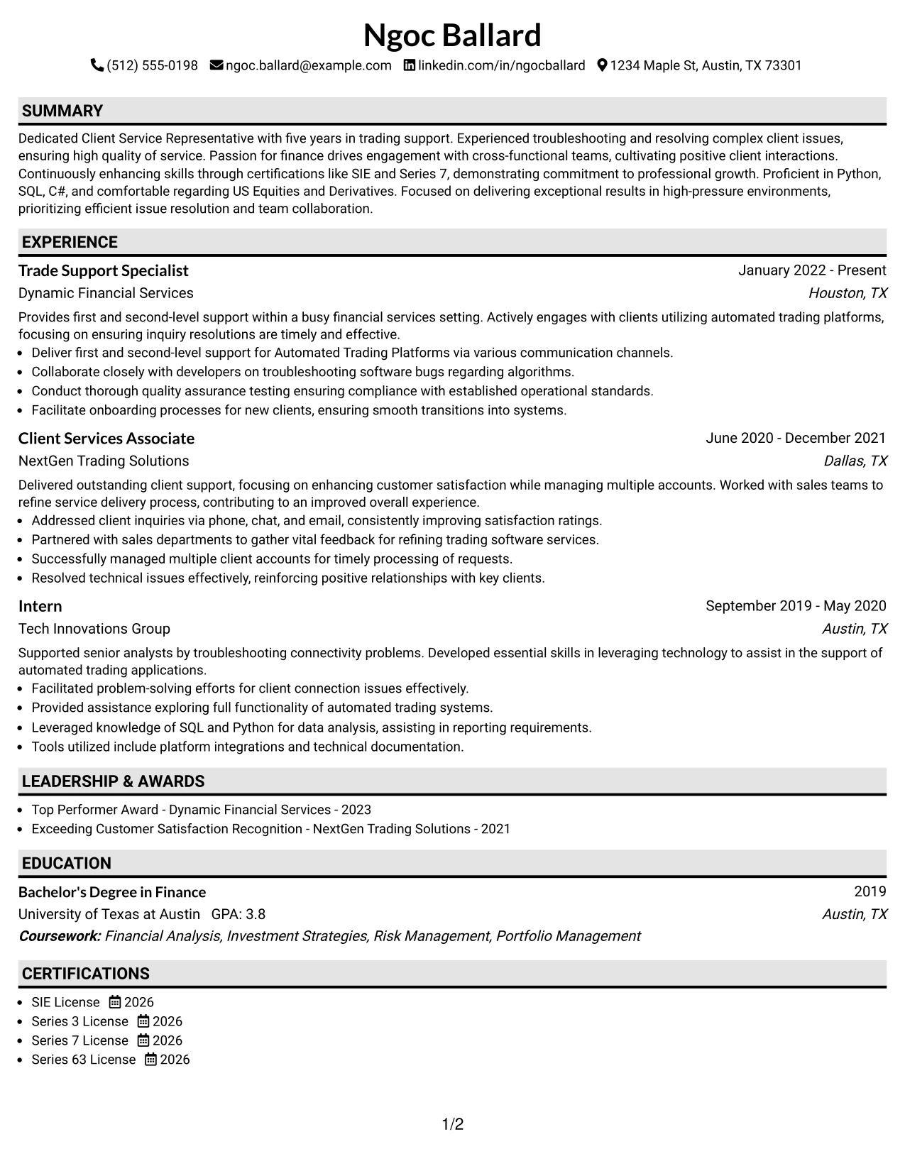 Resume Example Page 1
