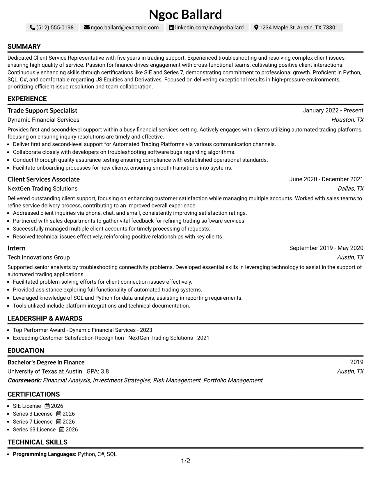 Resume Example Page 1