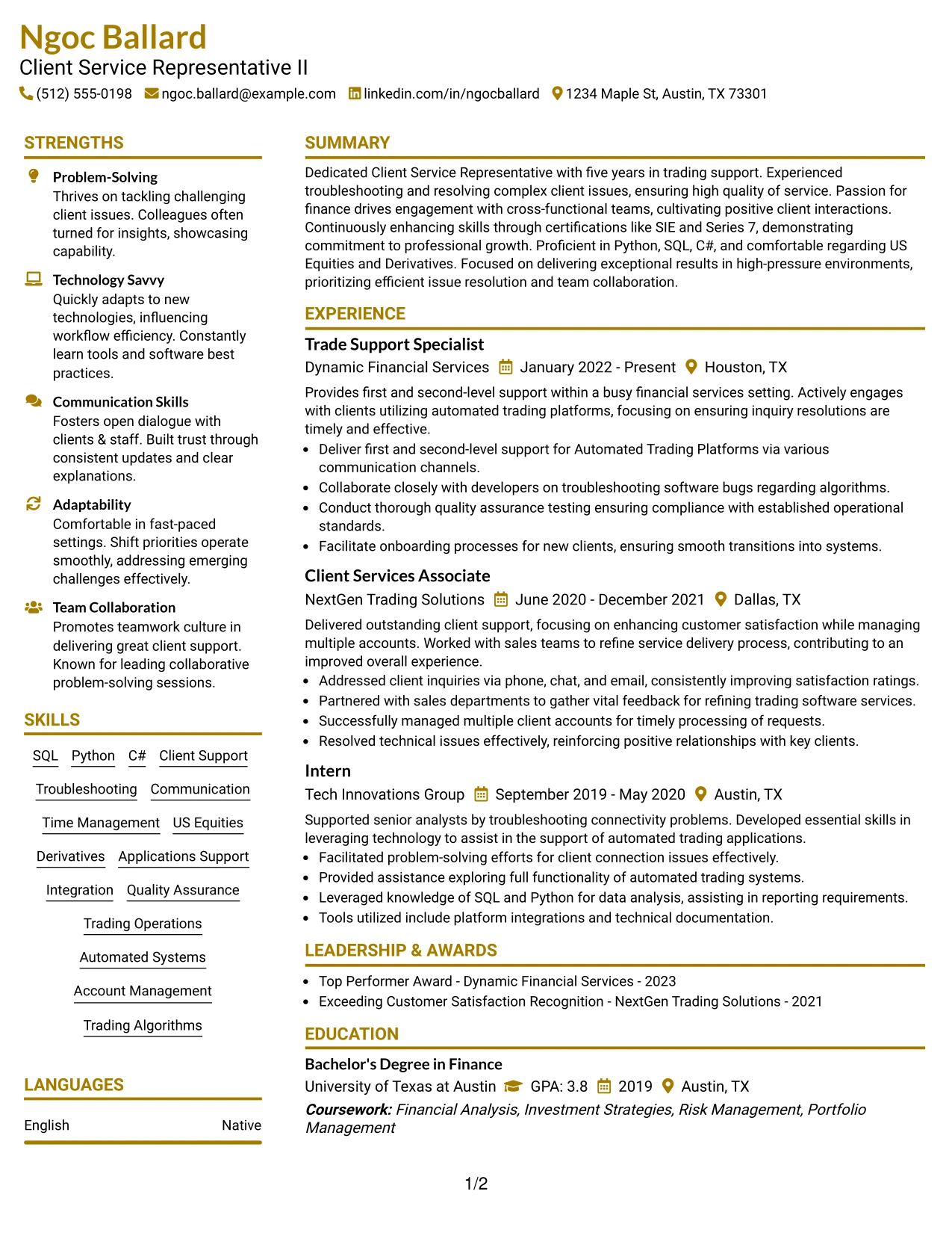 Resume Example Page 1