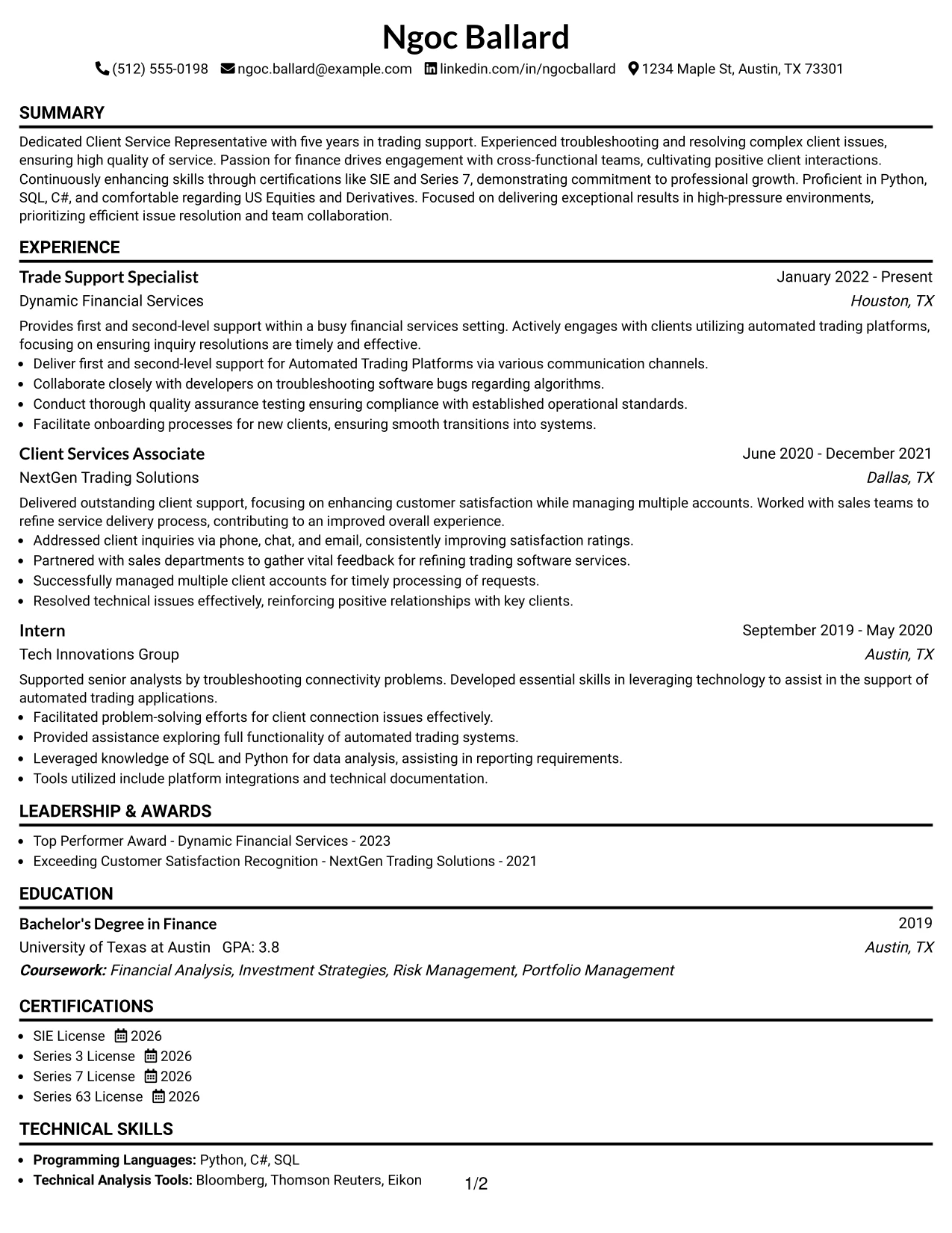 Resume Example Page 1