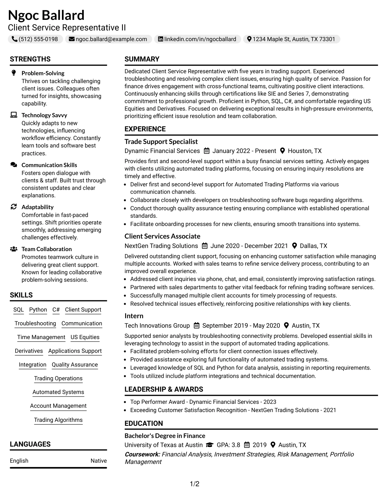 Resume Example Page 1