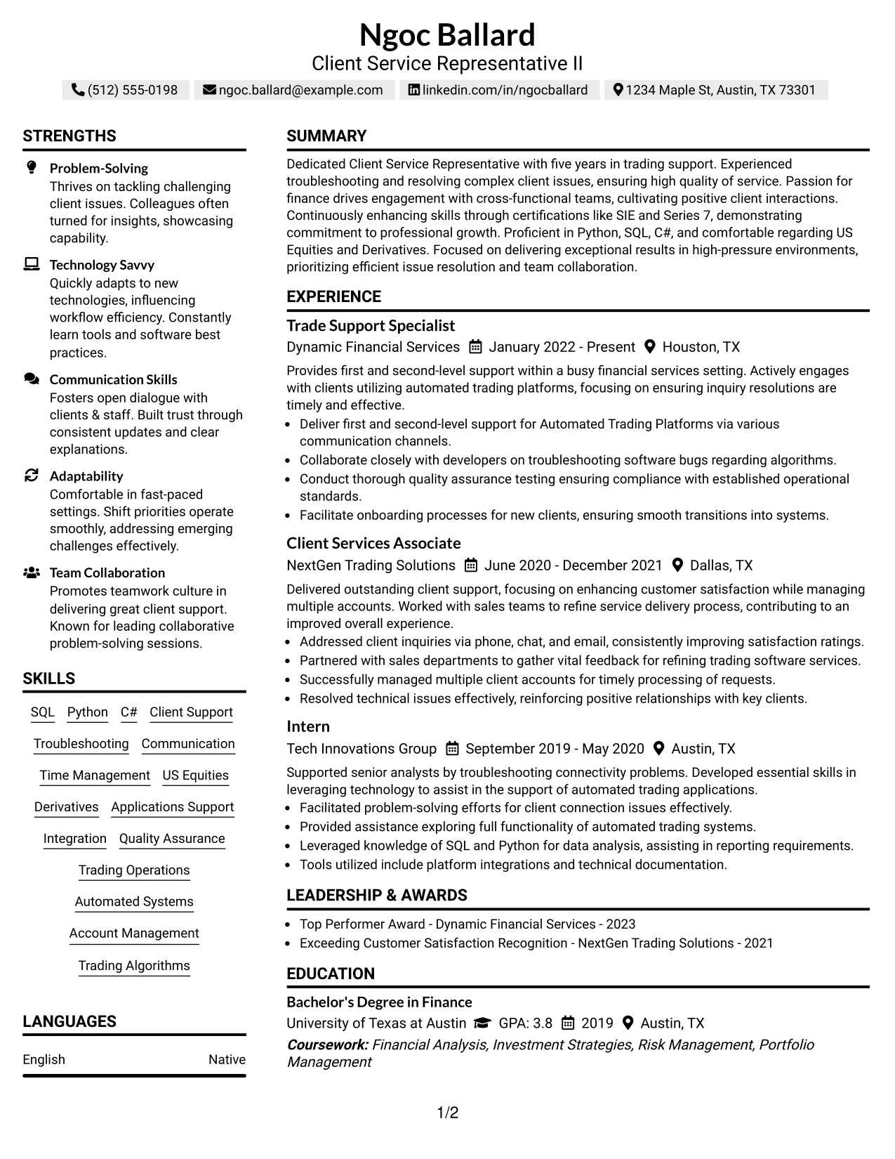 Resume Example Page 1