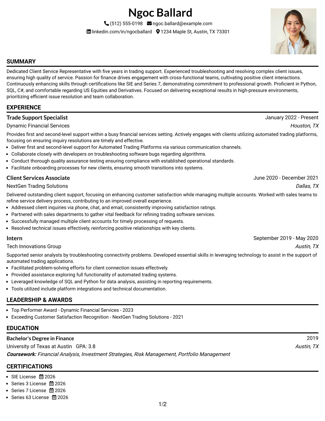 Resume Example Page 1