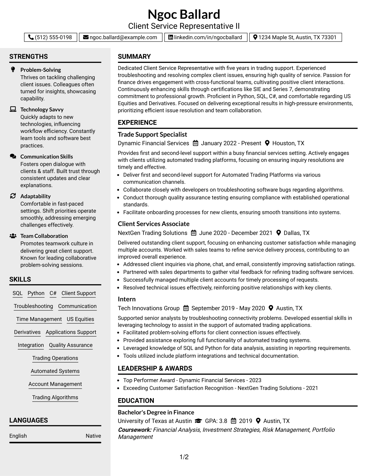 Resume Example Page 1
