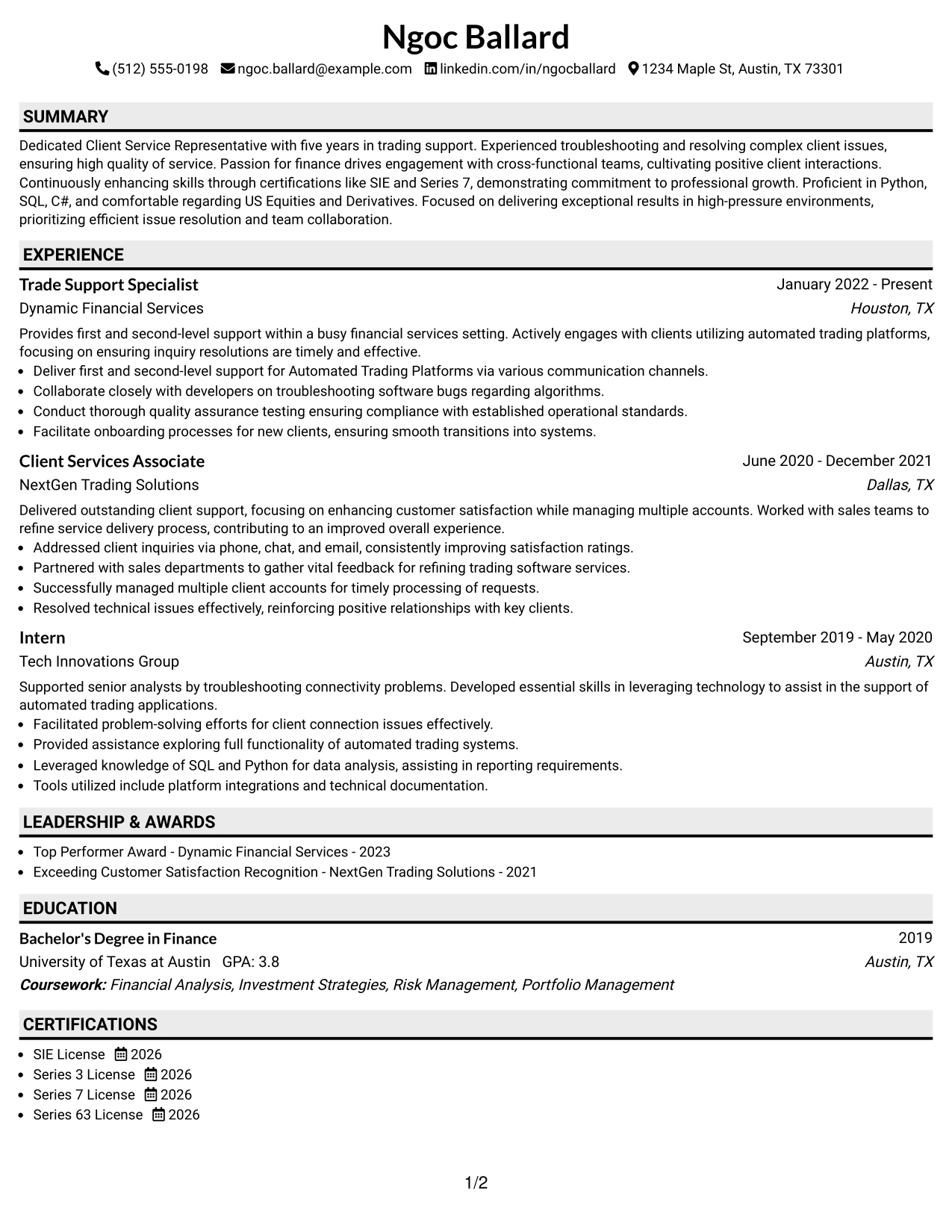 Resume Example Page 1
