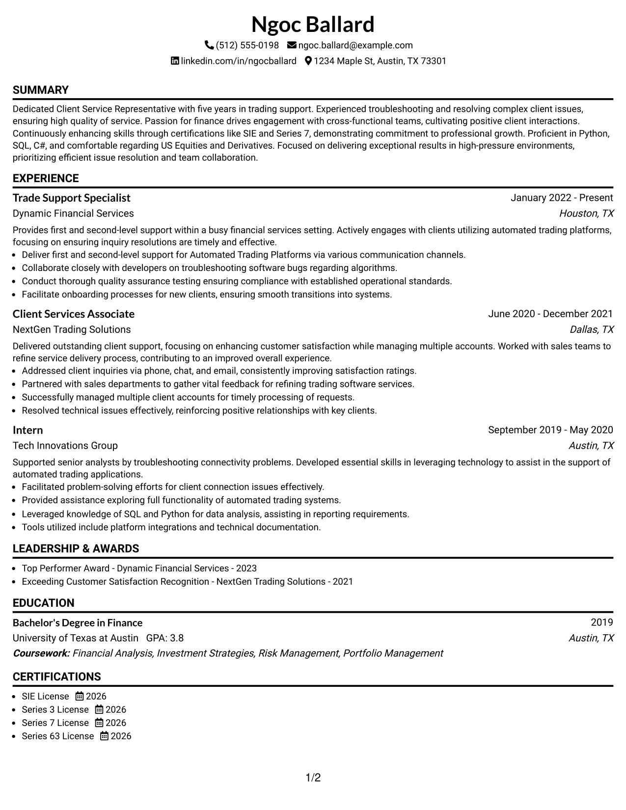 Resume Example Page 1