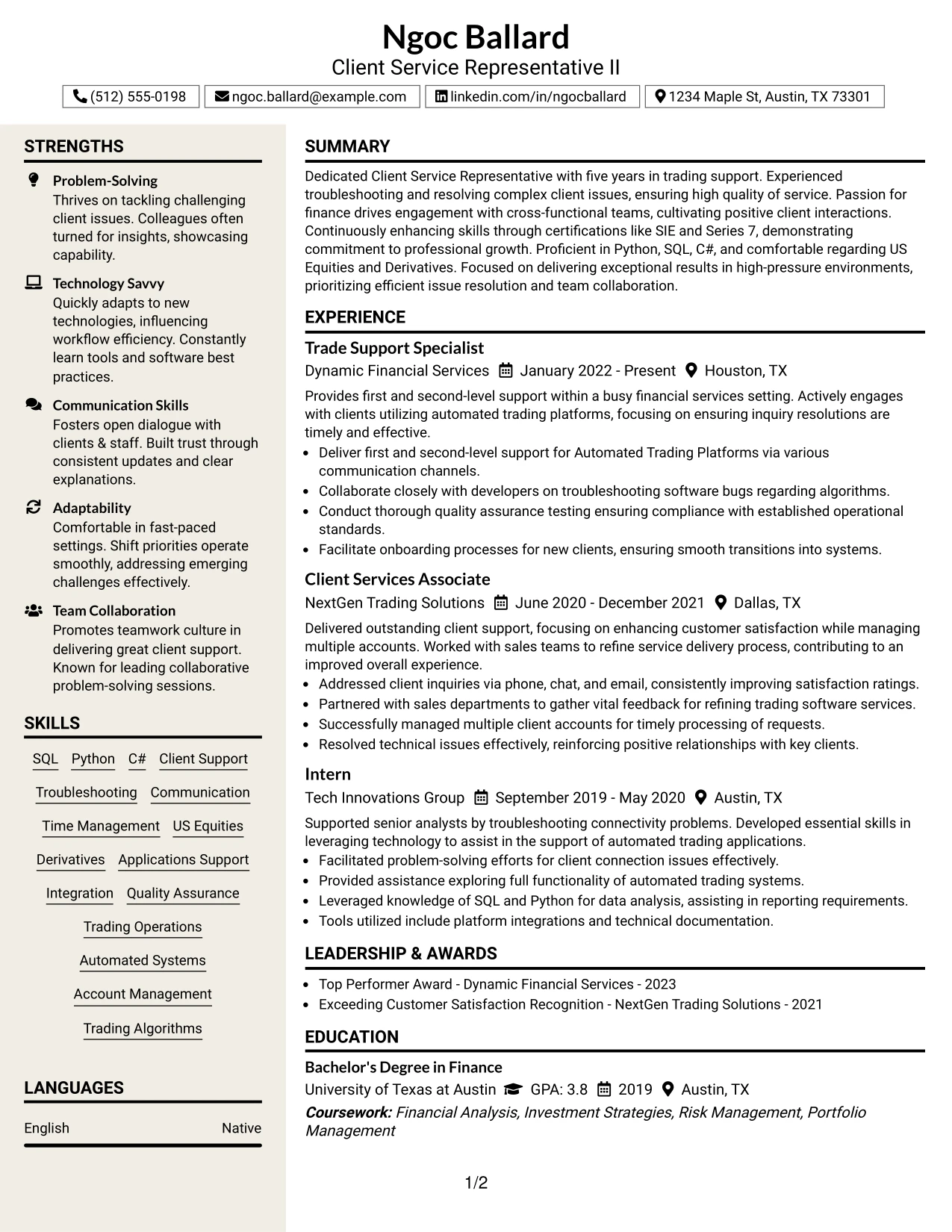 Resume Example Page 1