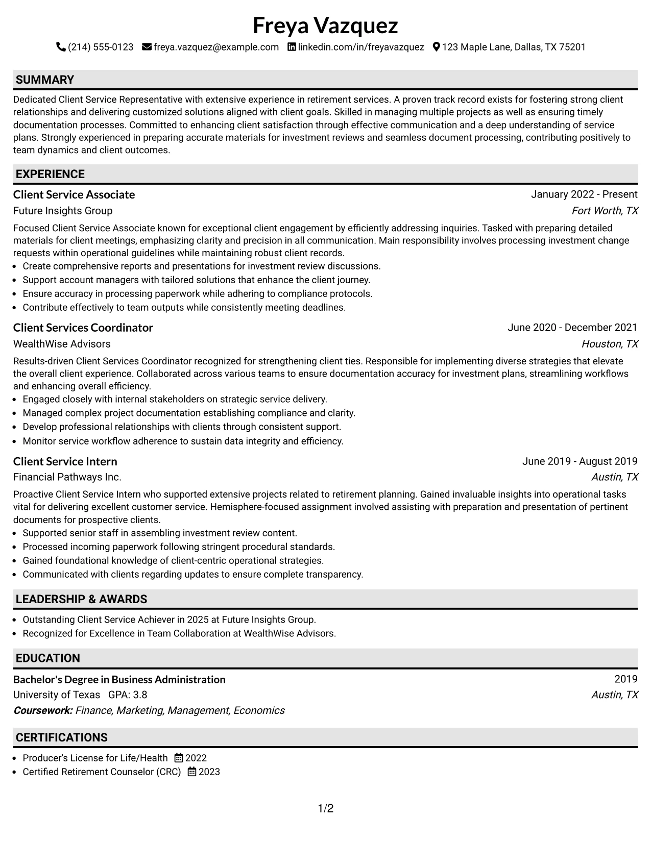 Resume Example Page 1