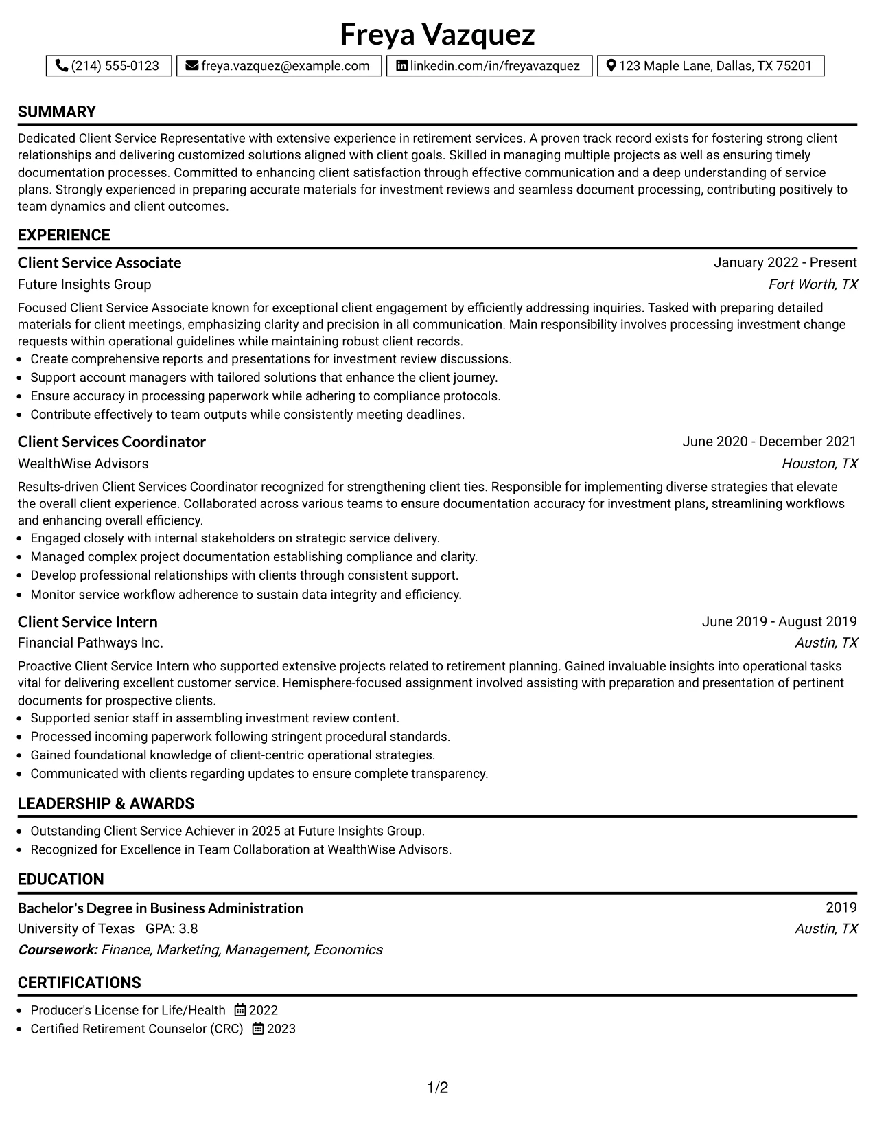 Resume Example Page 1