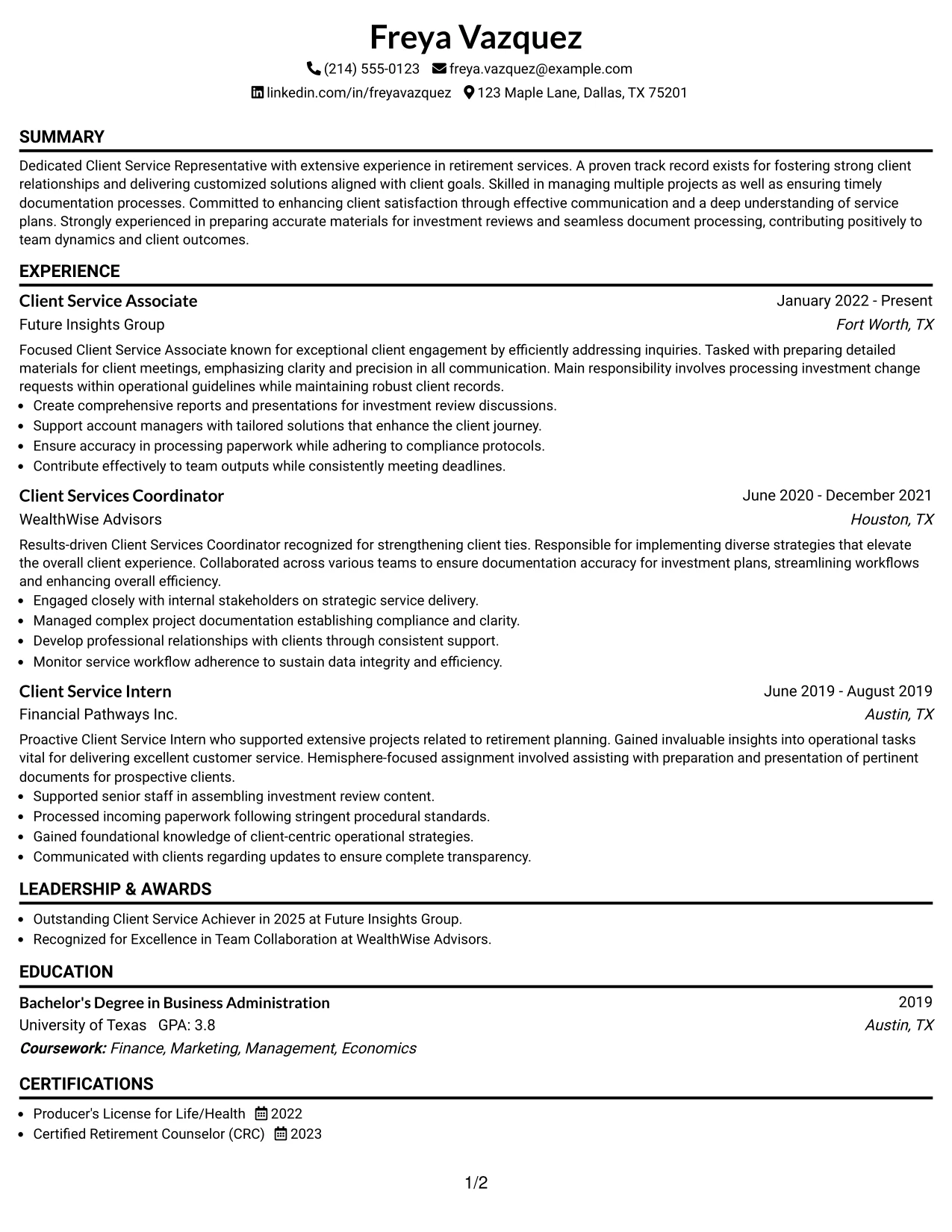 Resume Example Page 1