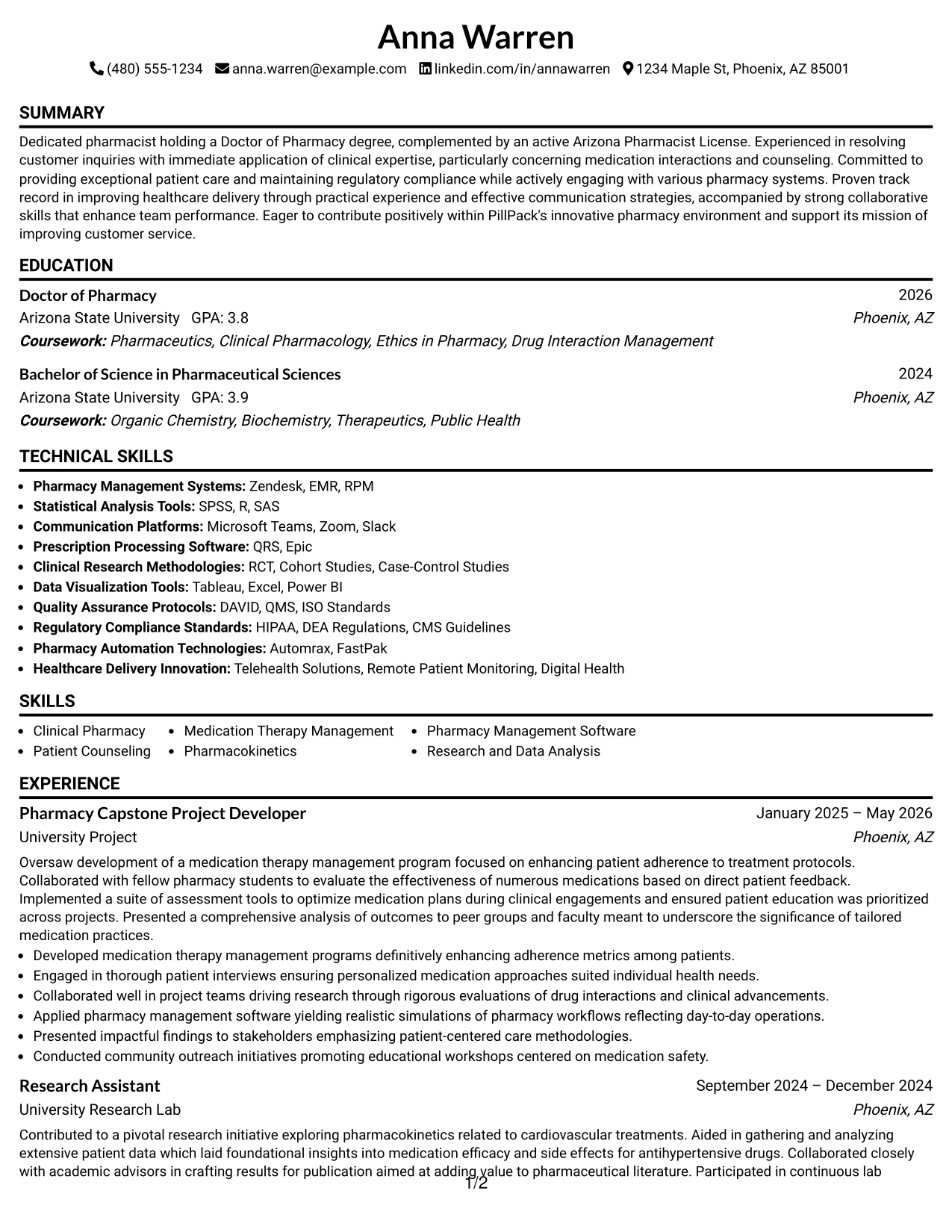 Resume Example Page 1