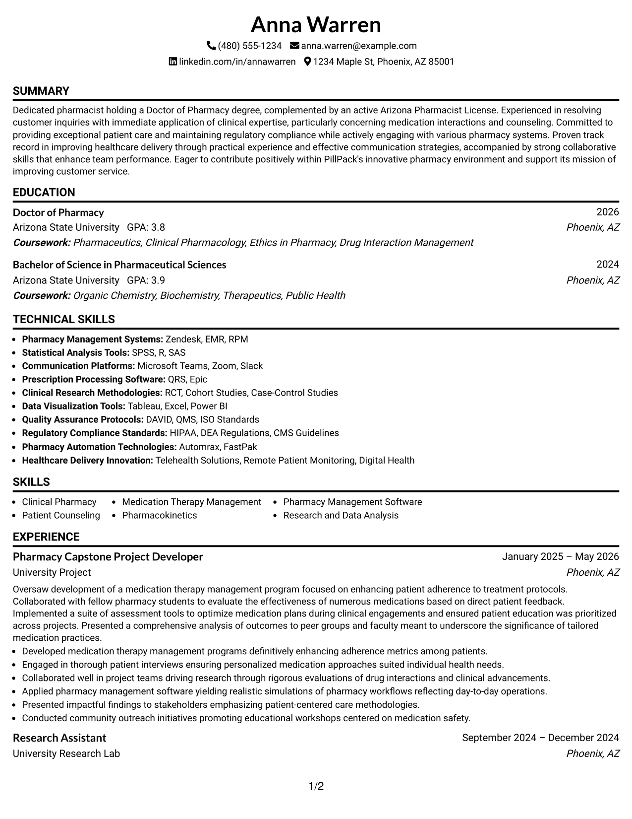 Resume Example Page 1