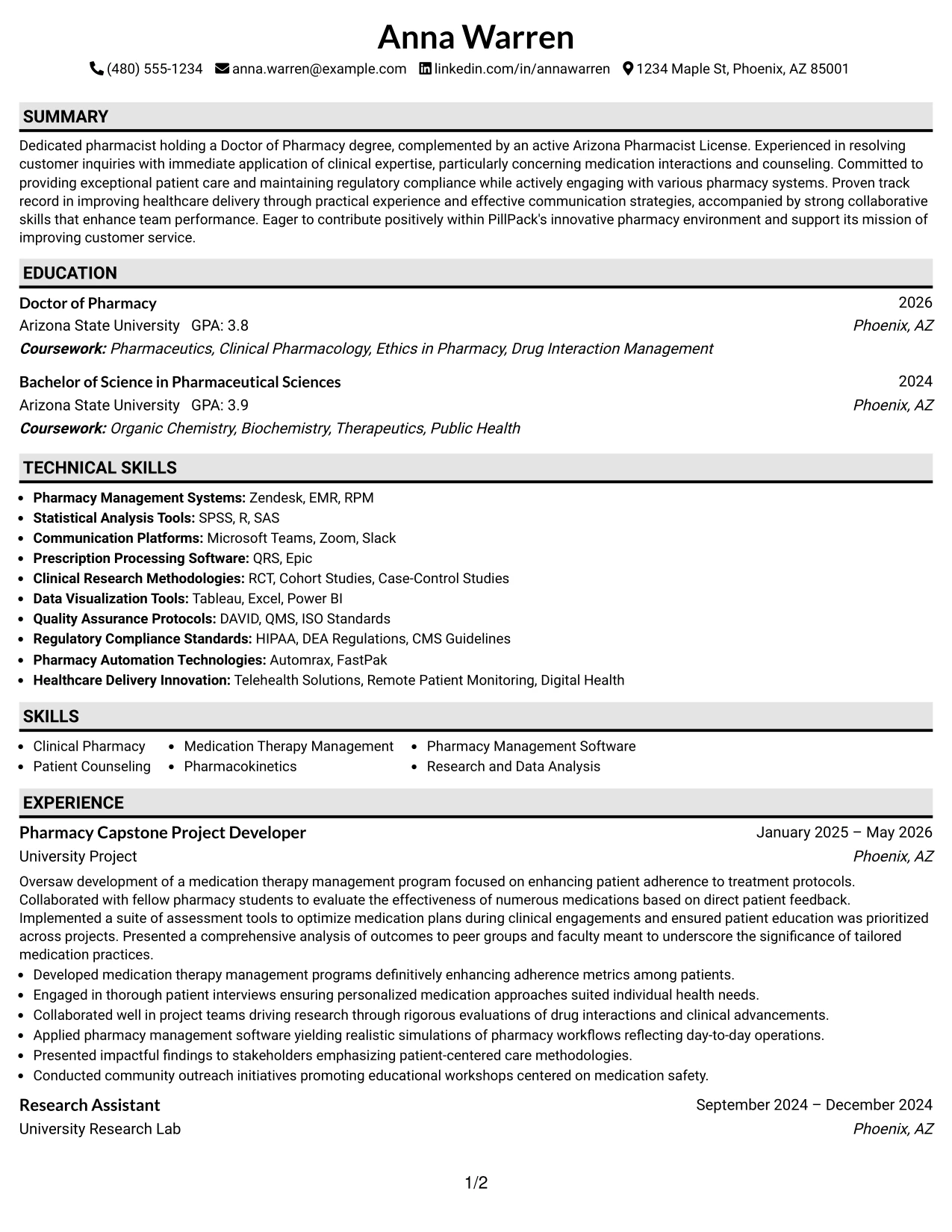 Resume Example Page 1
