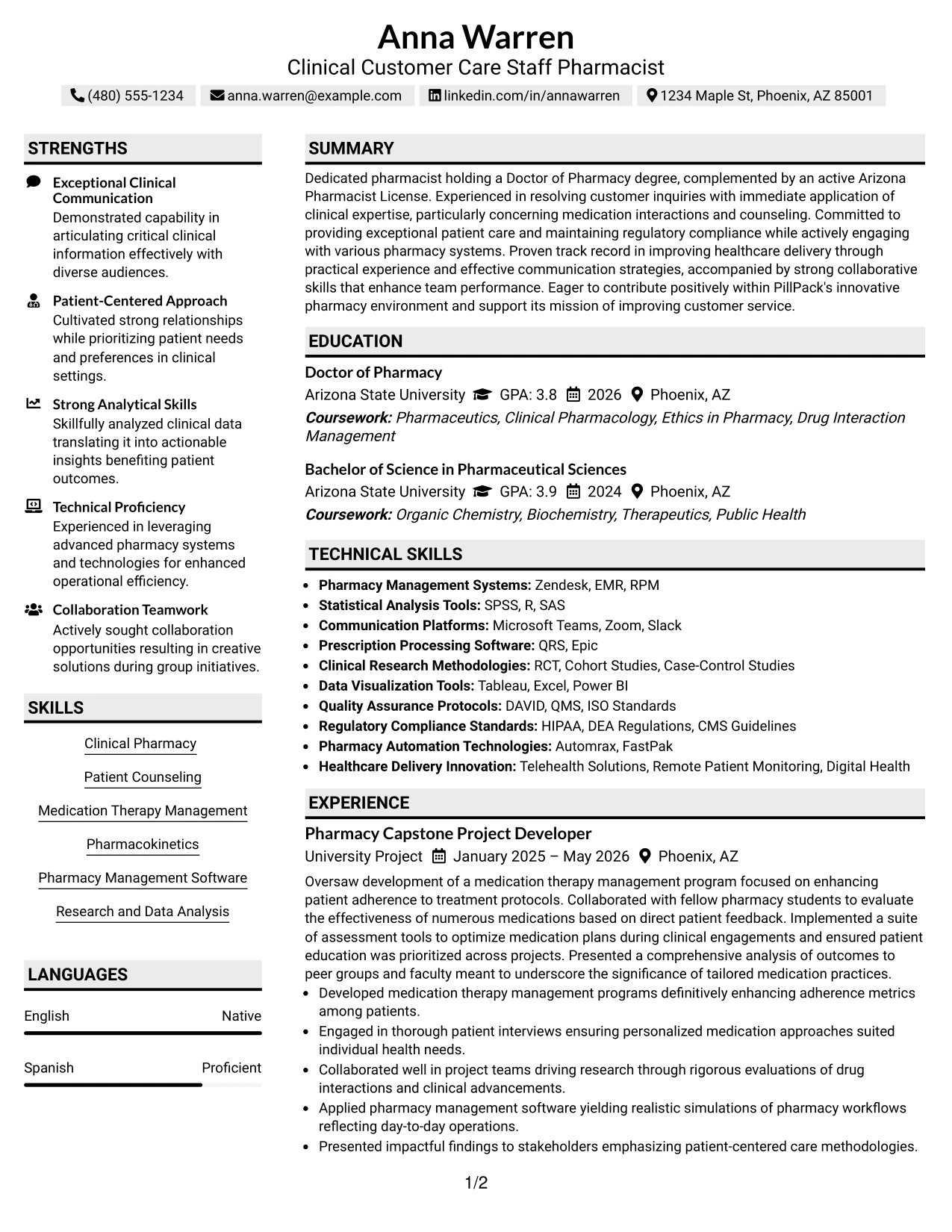 Resume Example Page 1