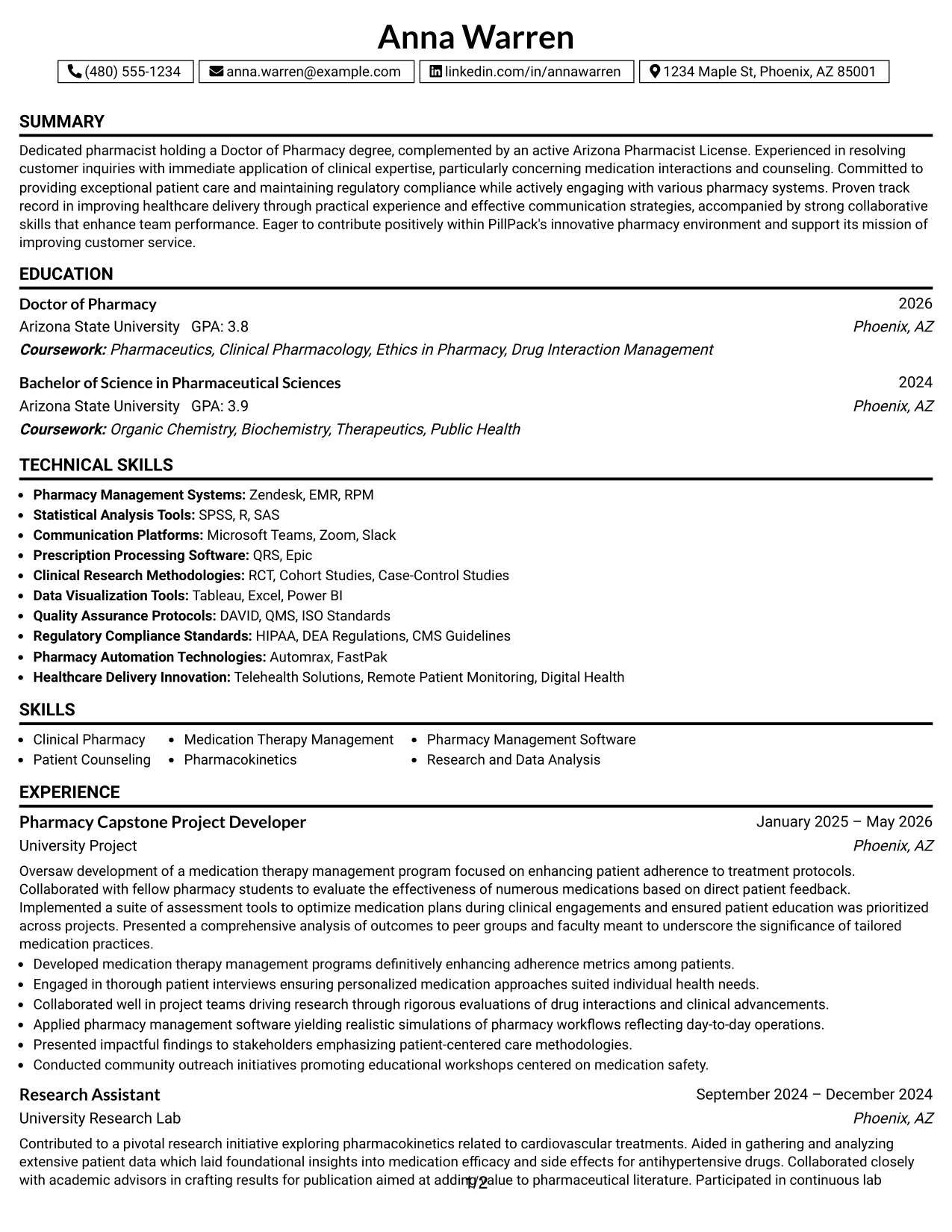 Resume Example Page 1