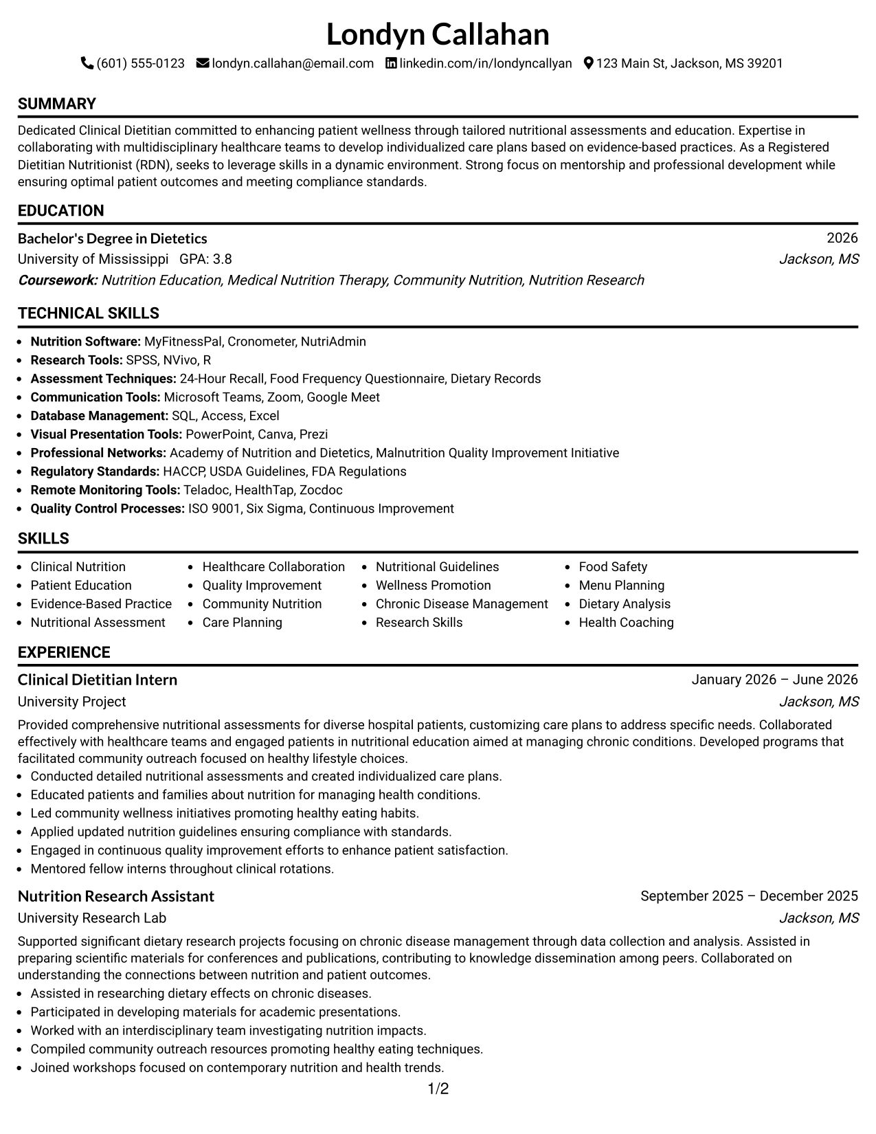 Resume Example Page 1