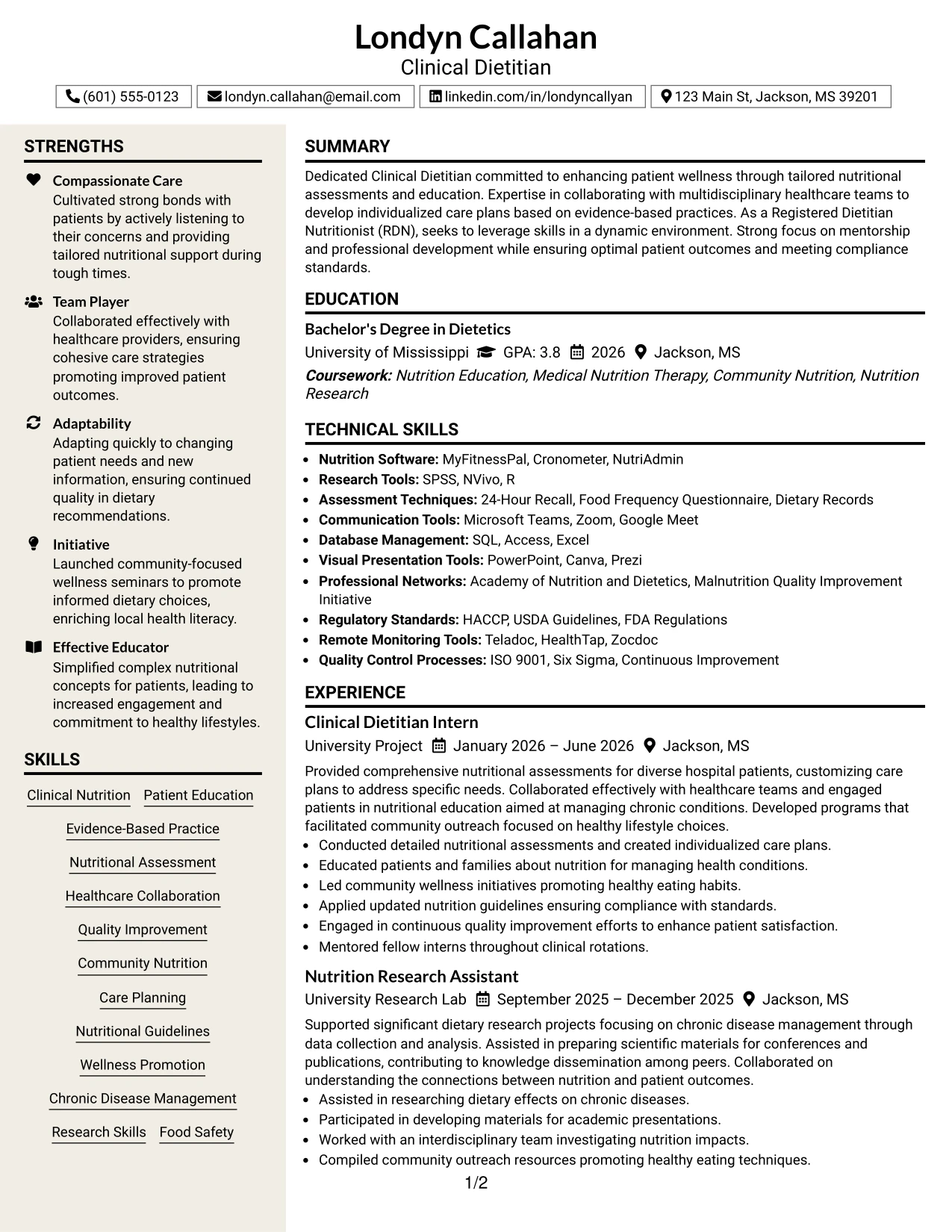 Resume Example Page 1