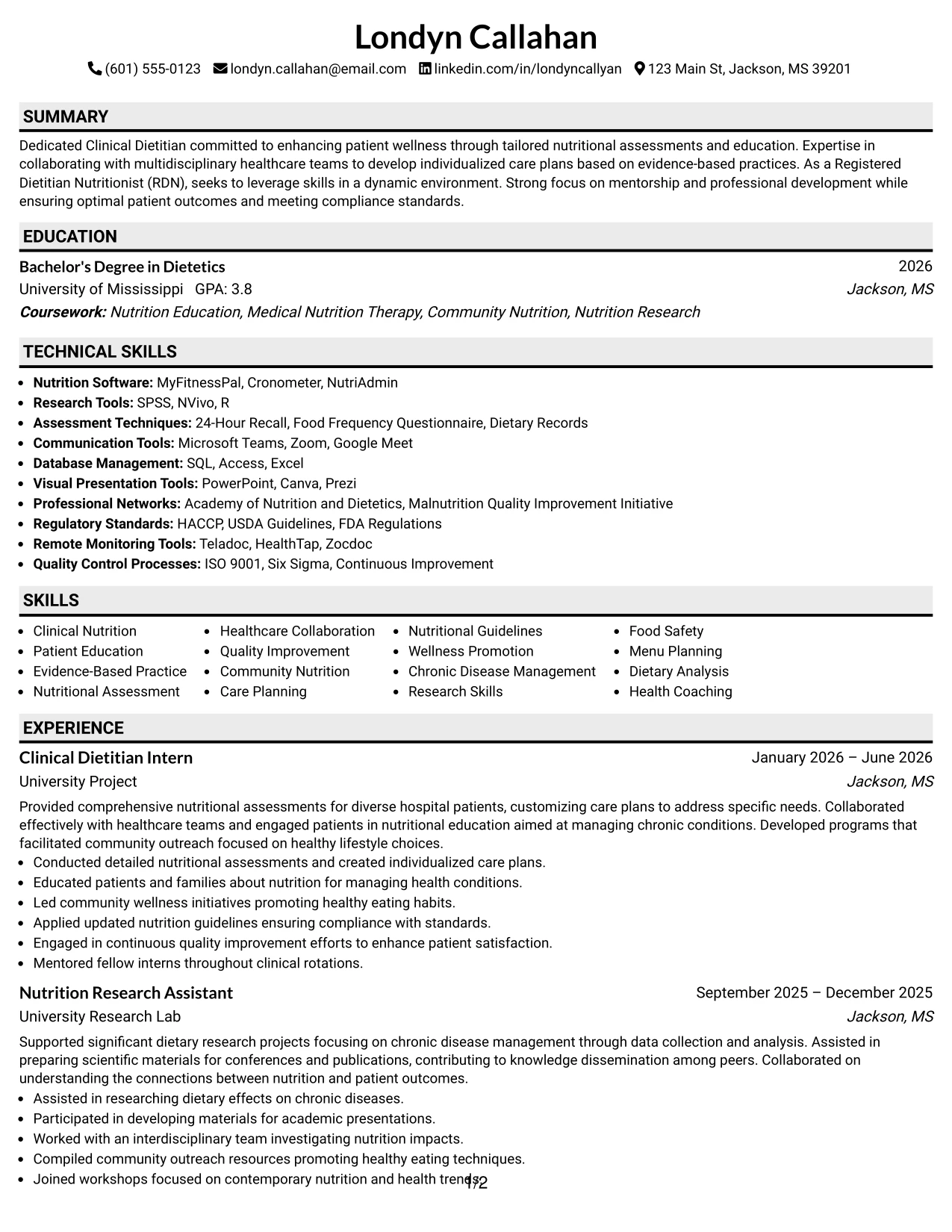 Resume Example Page 1