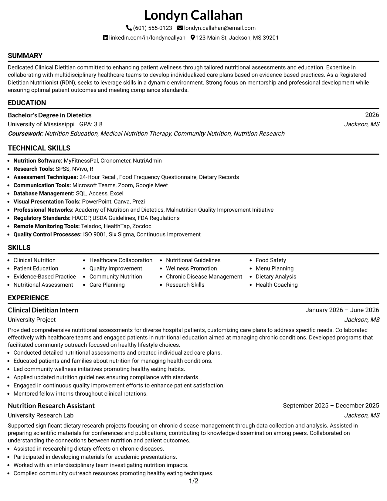 Resume Example Page 1