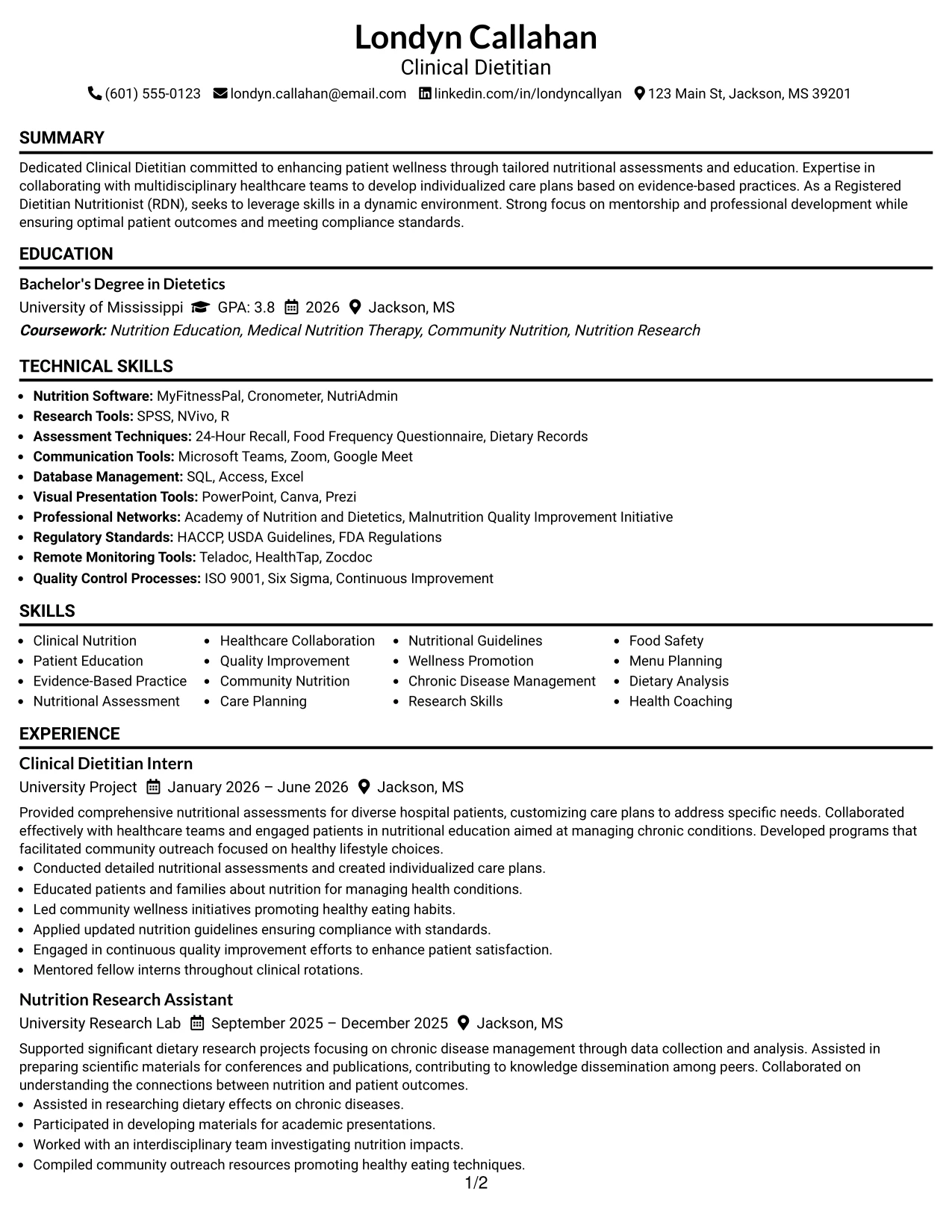 Resume Example Page 1