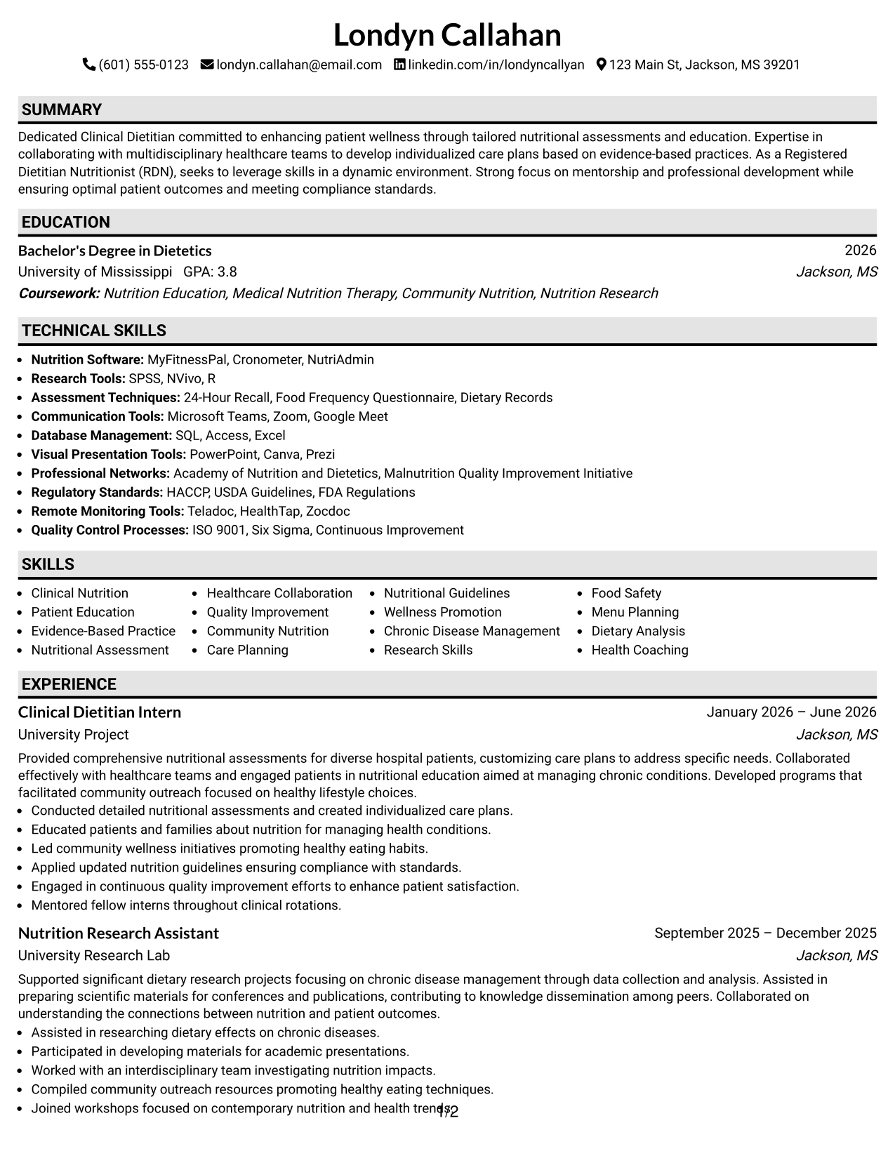 Resume Example Page 1
